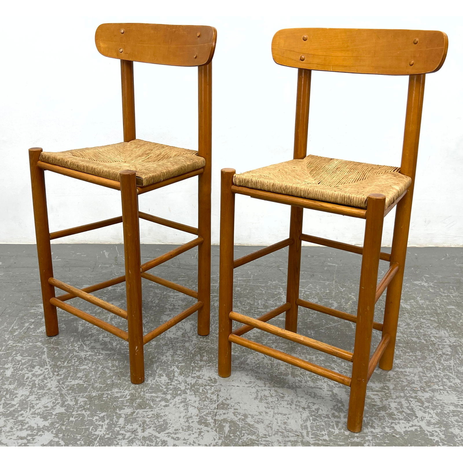 Pair Danish Borge Mogensen Style Barstools.  Tall stools with rush seats. (1 of 12)