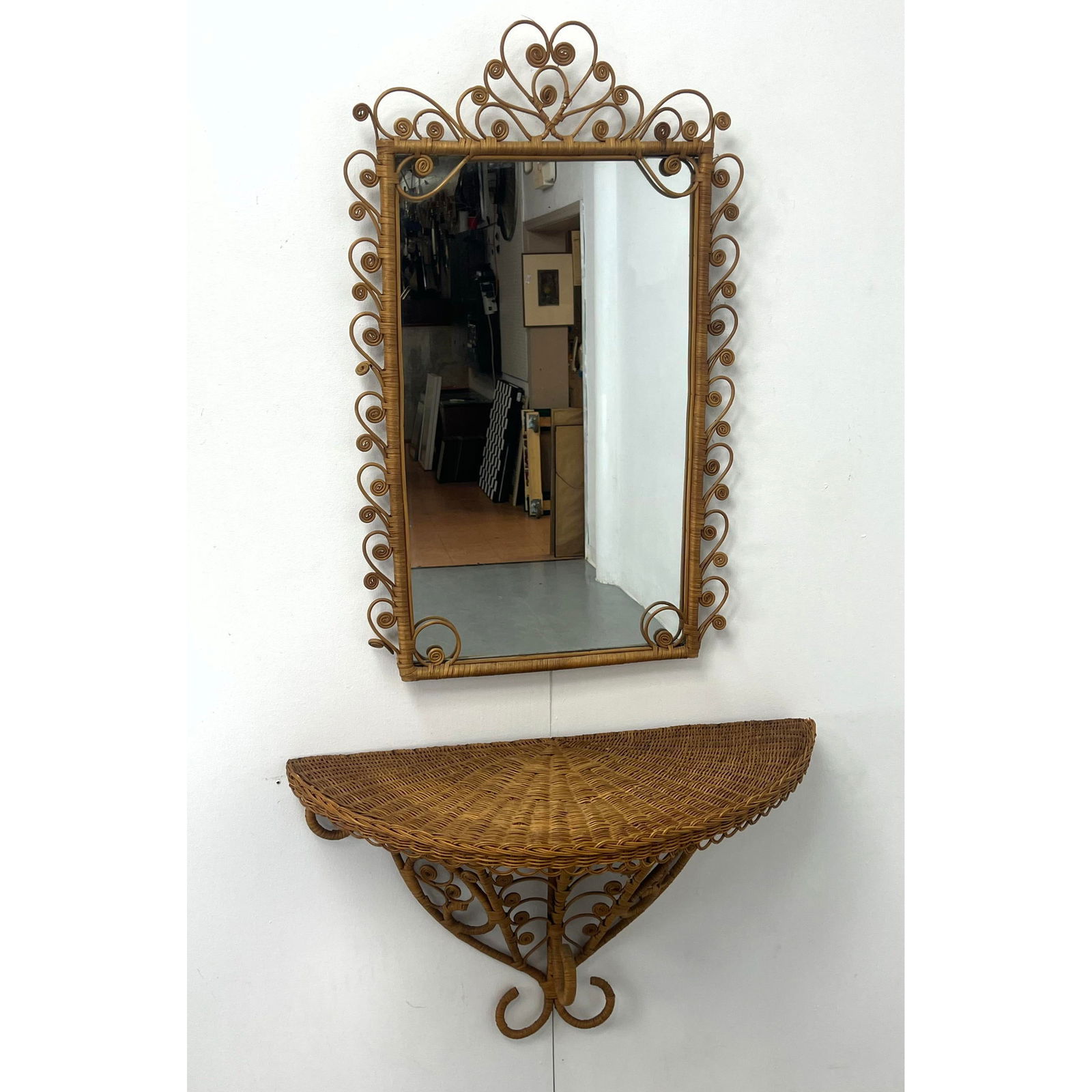 Very Decorative Rattan Wall Mirror, Wall Mount Table. Woven rattan shelf top. Fancy scrolls and curl (1 of 16)