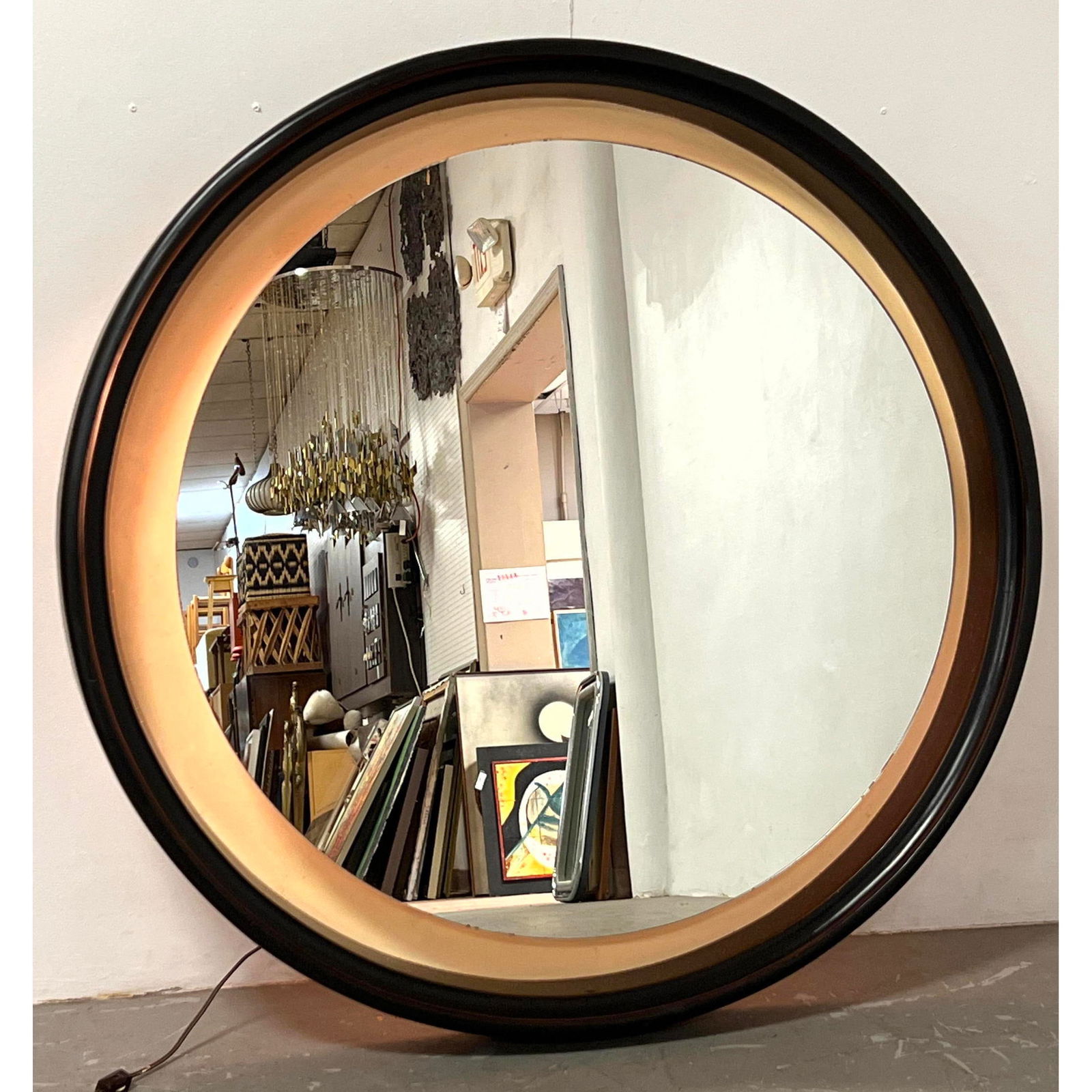 Recessed Lighted Decorator Round Wood Framed Mirror. Recessed area lights up. Large. (1 of 9)