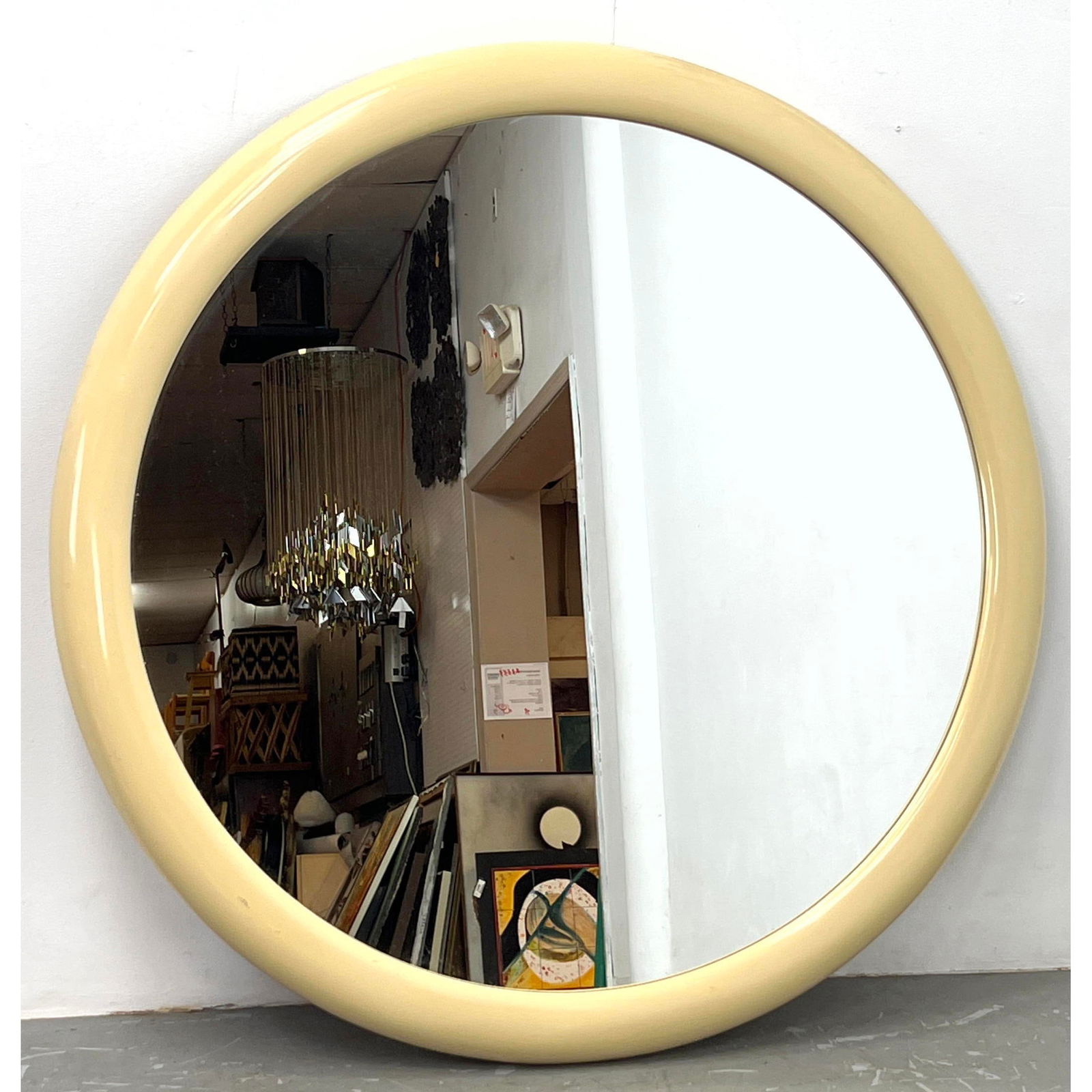 Large Round Karl Springer style mirror. Cream colored lacquer finish. Unsigned. (1 of 10)