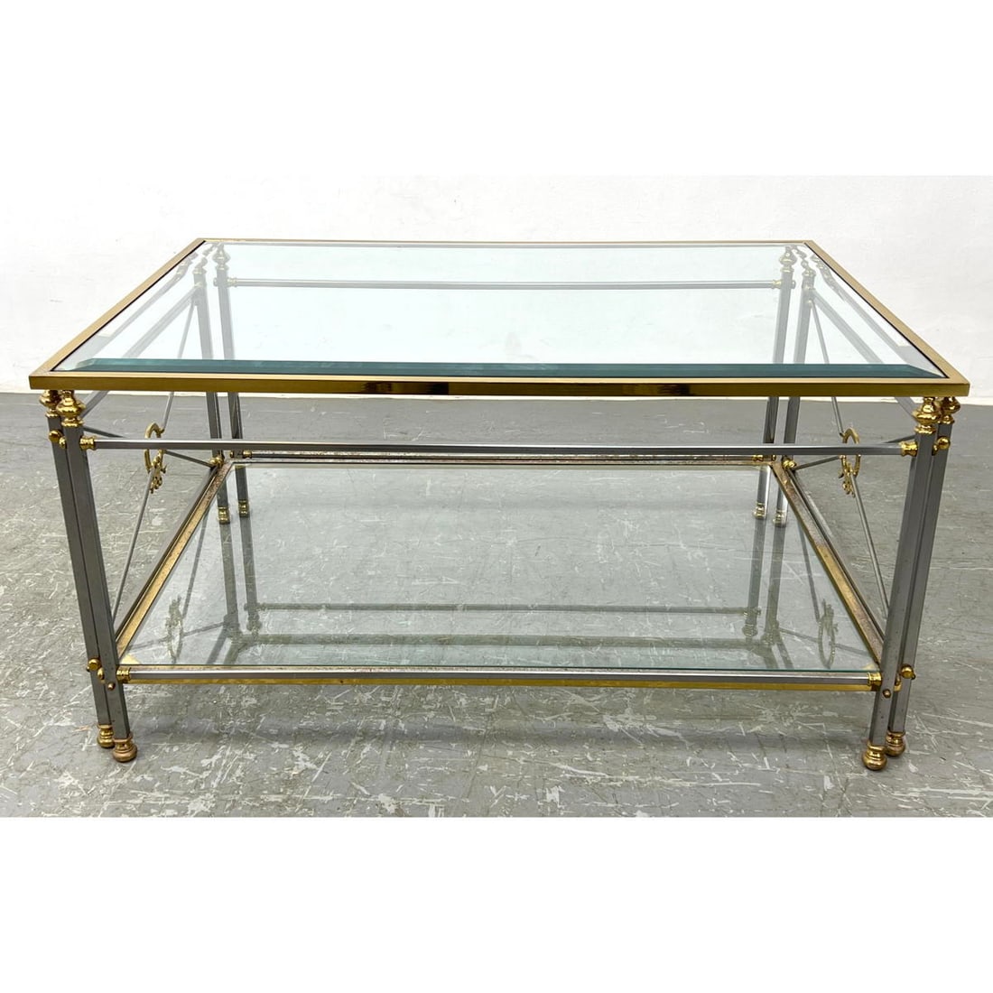 Classical Regency style Stainless and Brass Cocktail Table. Beveled Glass Top. Lower glass level. Cl (1 of 9)