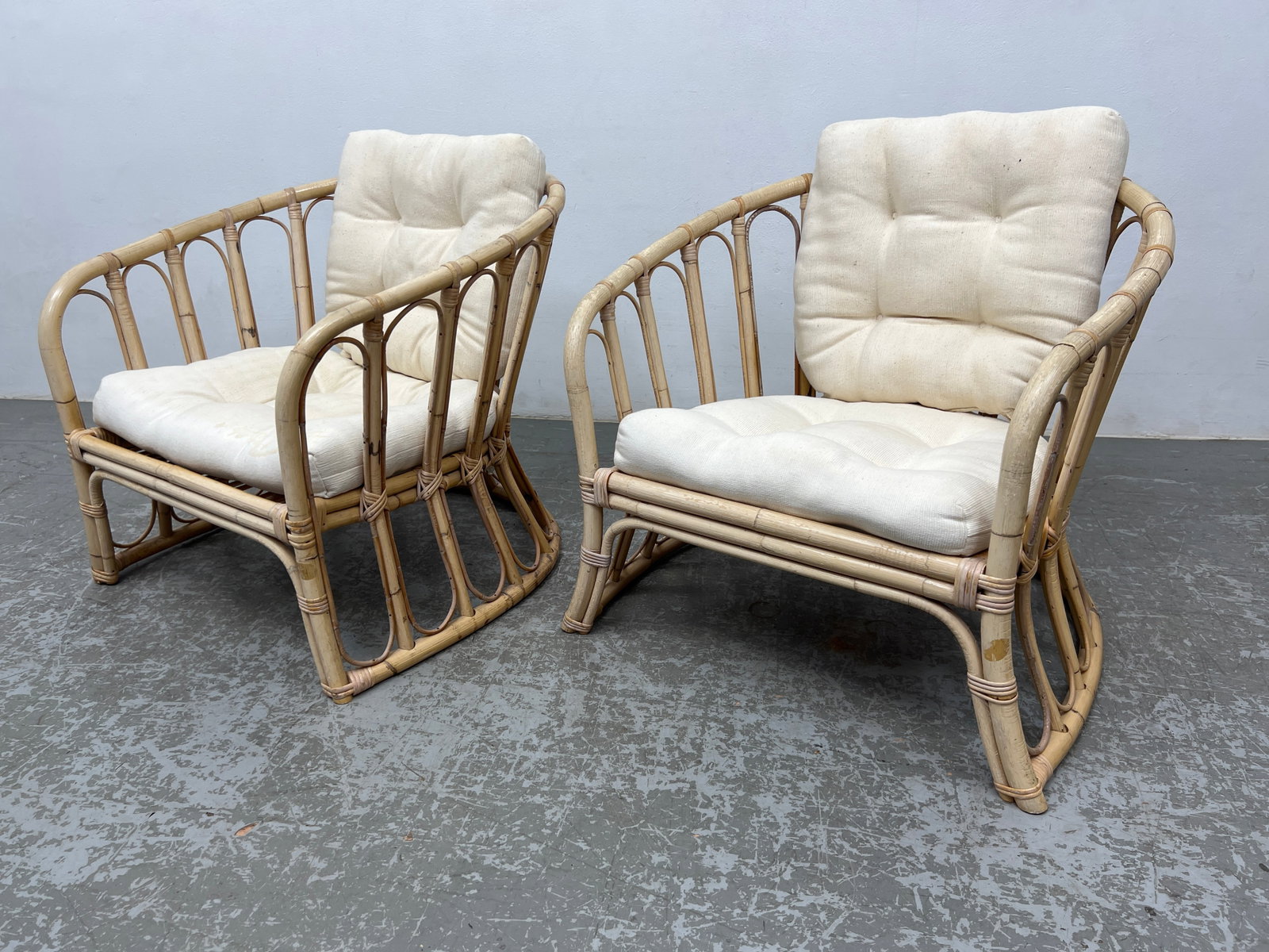 Vintage Bent Bamboo Lounge Chairs.: Vintage Bent Bamboo Lounge Chairs. Dimensions: Height: 24.5 inches, Width: 27.5 inches, Depth: 25 inches. - Seat Height: 11 inches --- - - We offer curbside delivery for most items to NYC, Manhattan, 