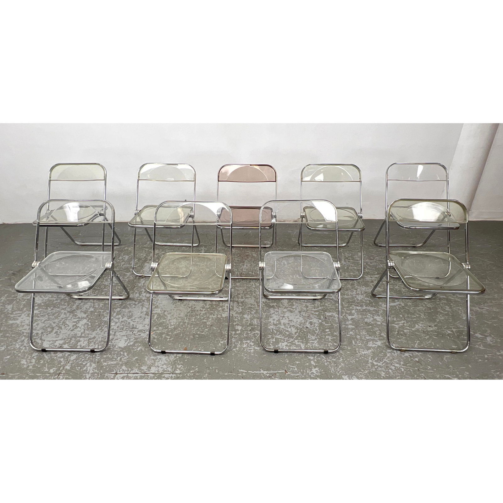 9pc PLIA ANONIMA CASTELLI Folding Lucite Chairs. Marked. One is a different color lucite. (1 of 15)