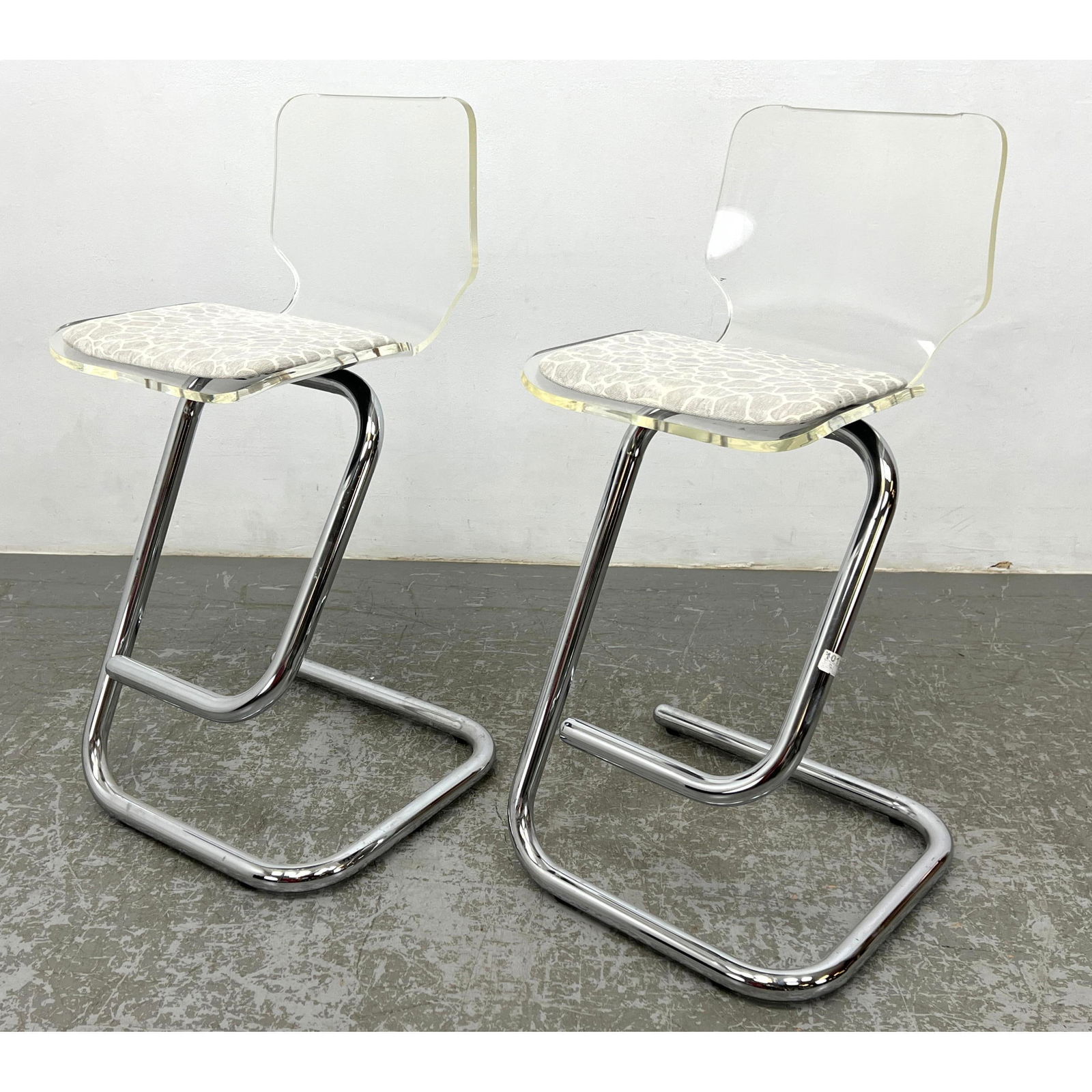 Pr Chrome Tube Frame Bar Stools. Lucite Backs. Upholstered Seats. Mid Century Modern. (1 of 13)