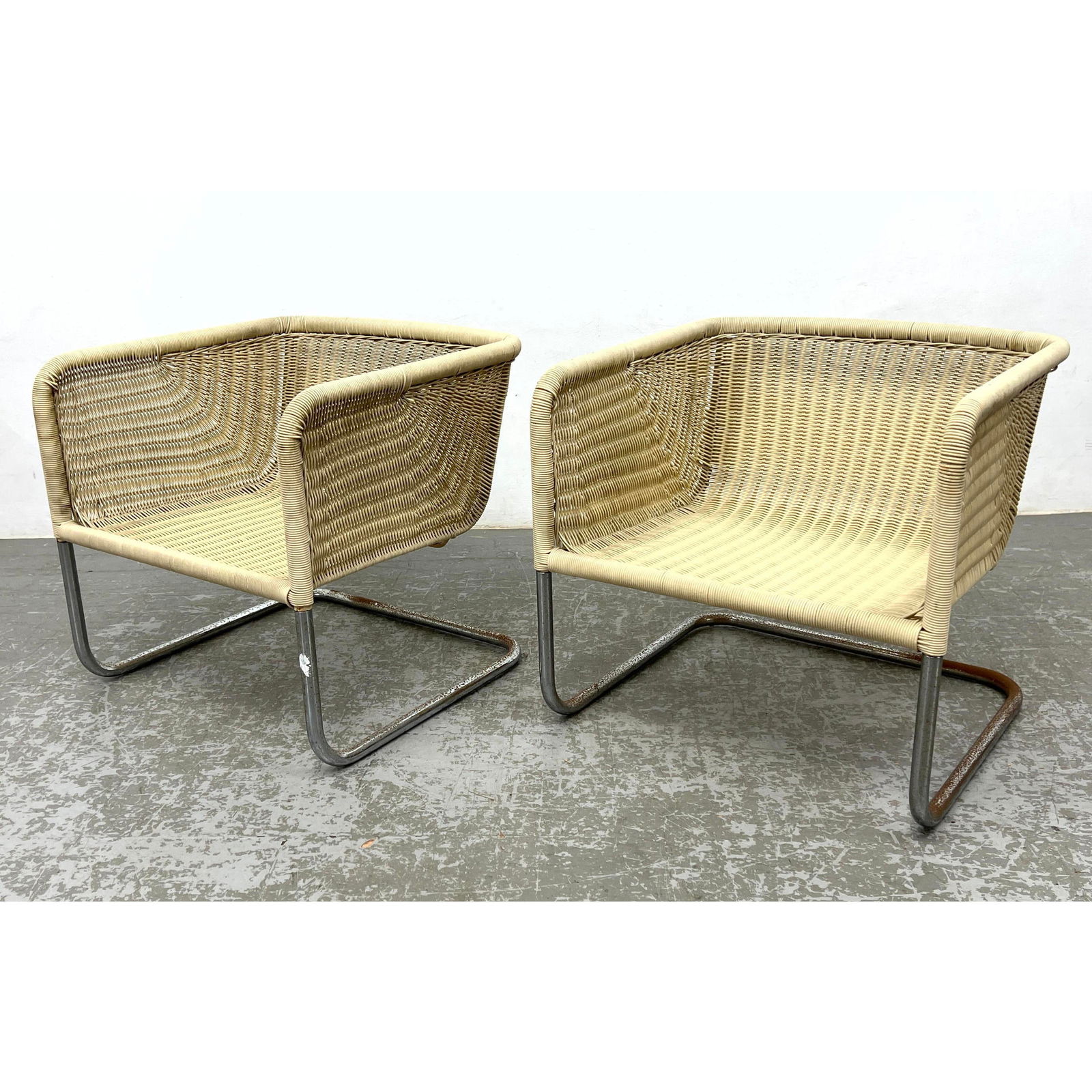 Pr Chrome Frame Woven Rattan Lounge Chairs. Chrome tube frame. Probber style (1 of 10)
