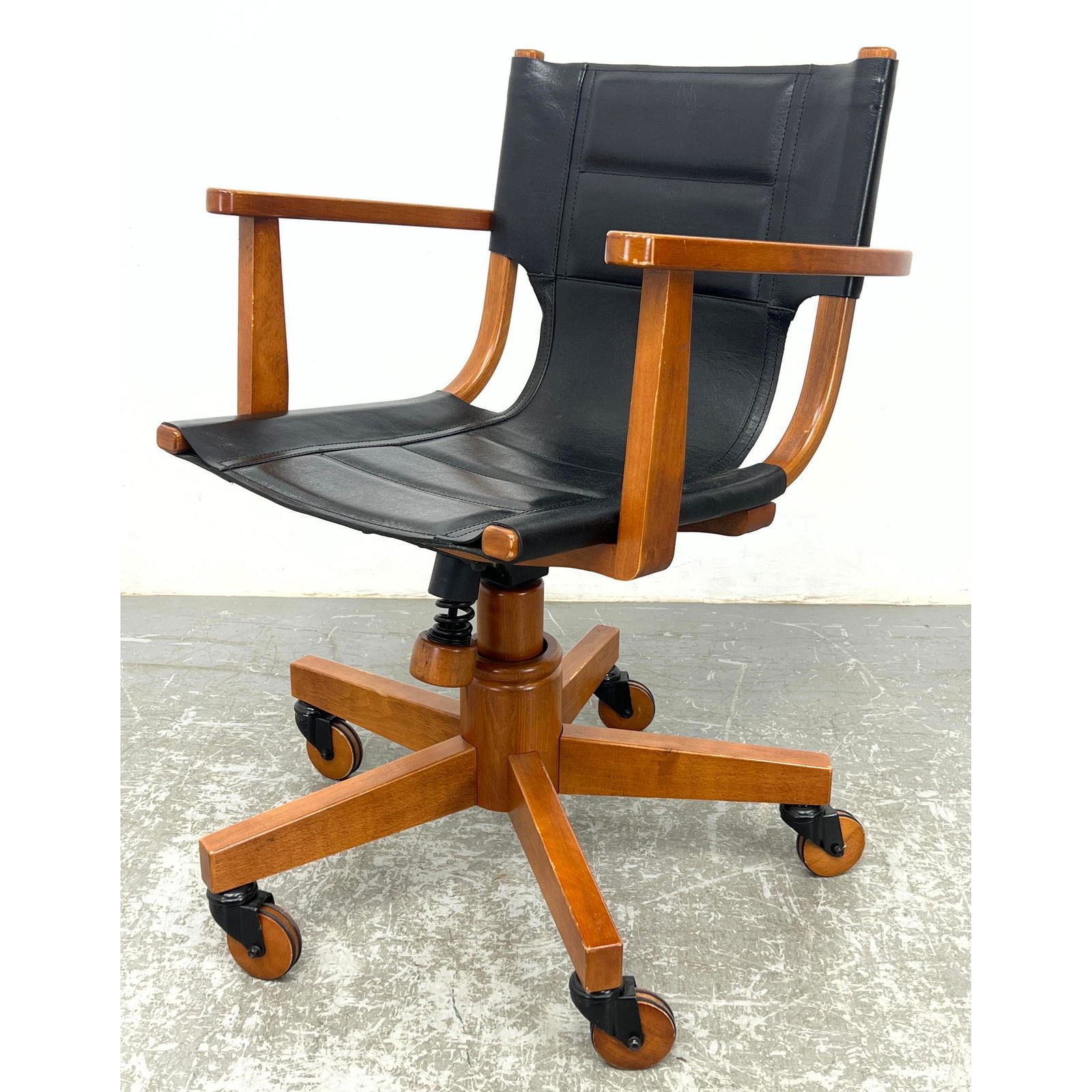 ASHER BENJAMIN STUDIO Rolling Desk Office Chair. Black leather Sling Seat on Wood Frame. Modernist A (1 of 15)