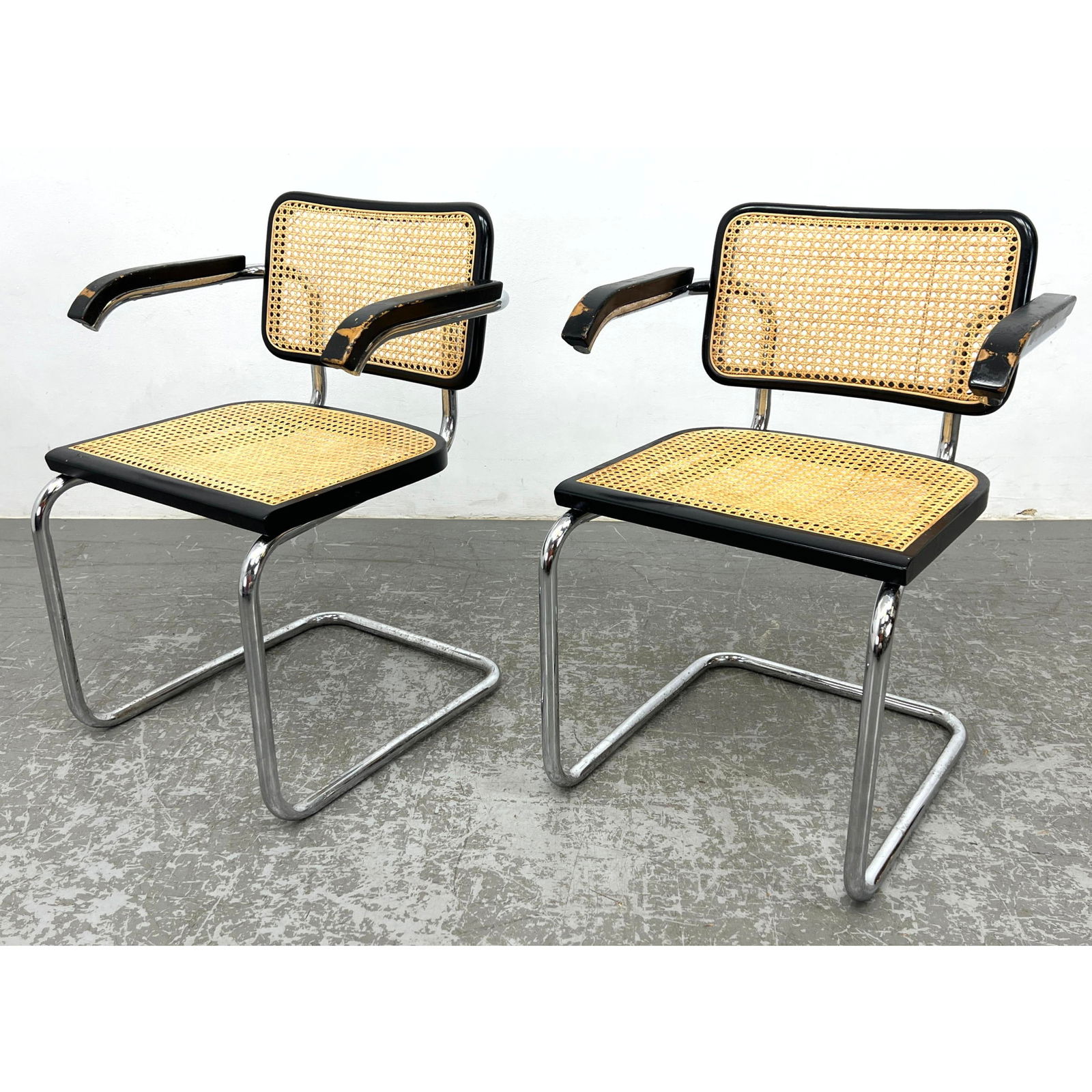 Pr MARCEL BREUER Cesca Arm Dining Chairs. Modernist Chrome Tube Frames with caned seat and backs in (1 of 16)