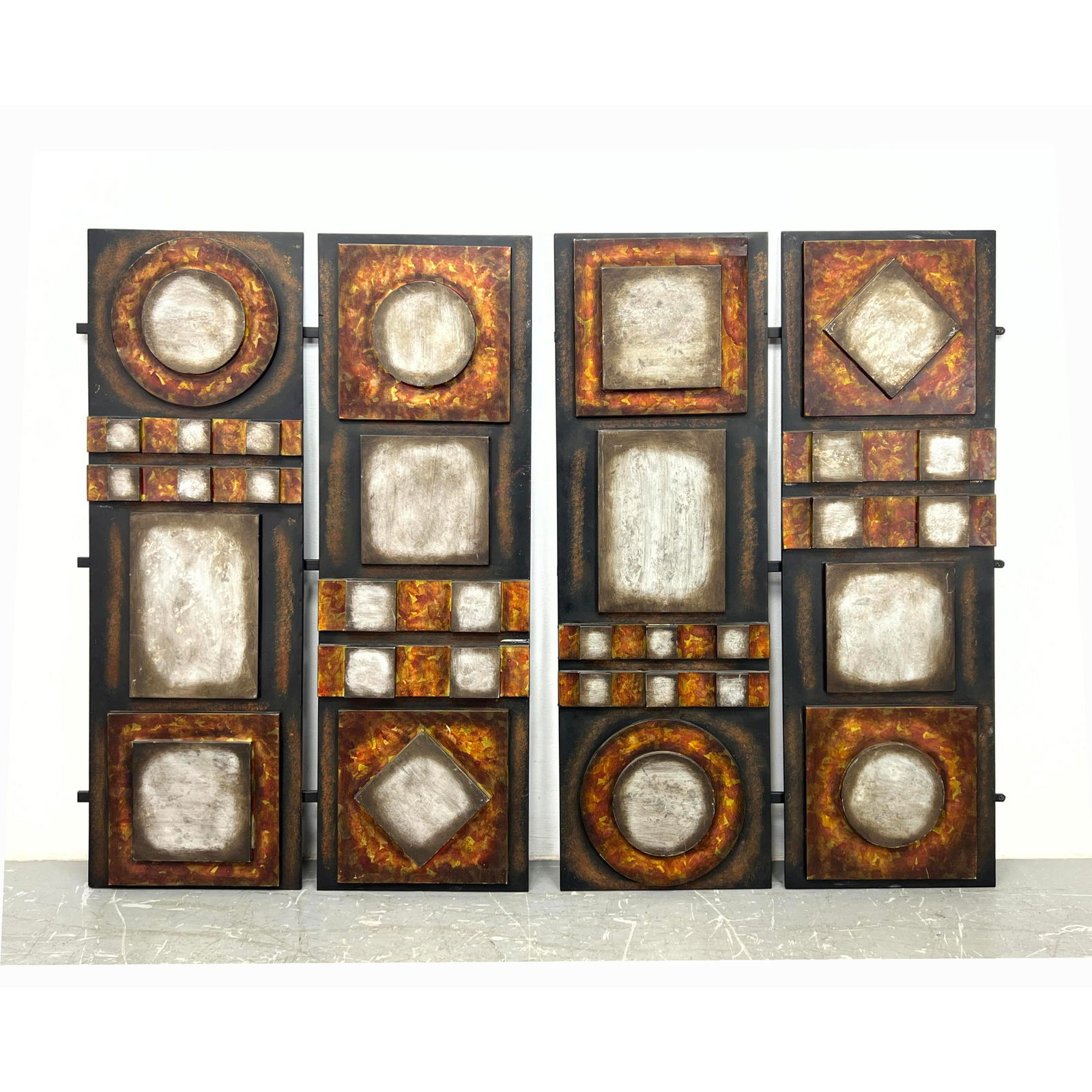 Pr 2 Panel Metal Relief Sculptures. Each panel has layered tiles and Elements in various color finis (1 of 7)