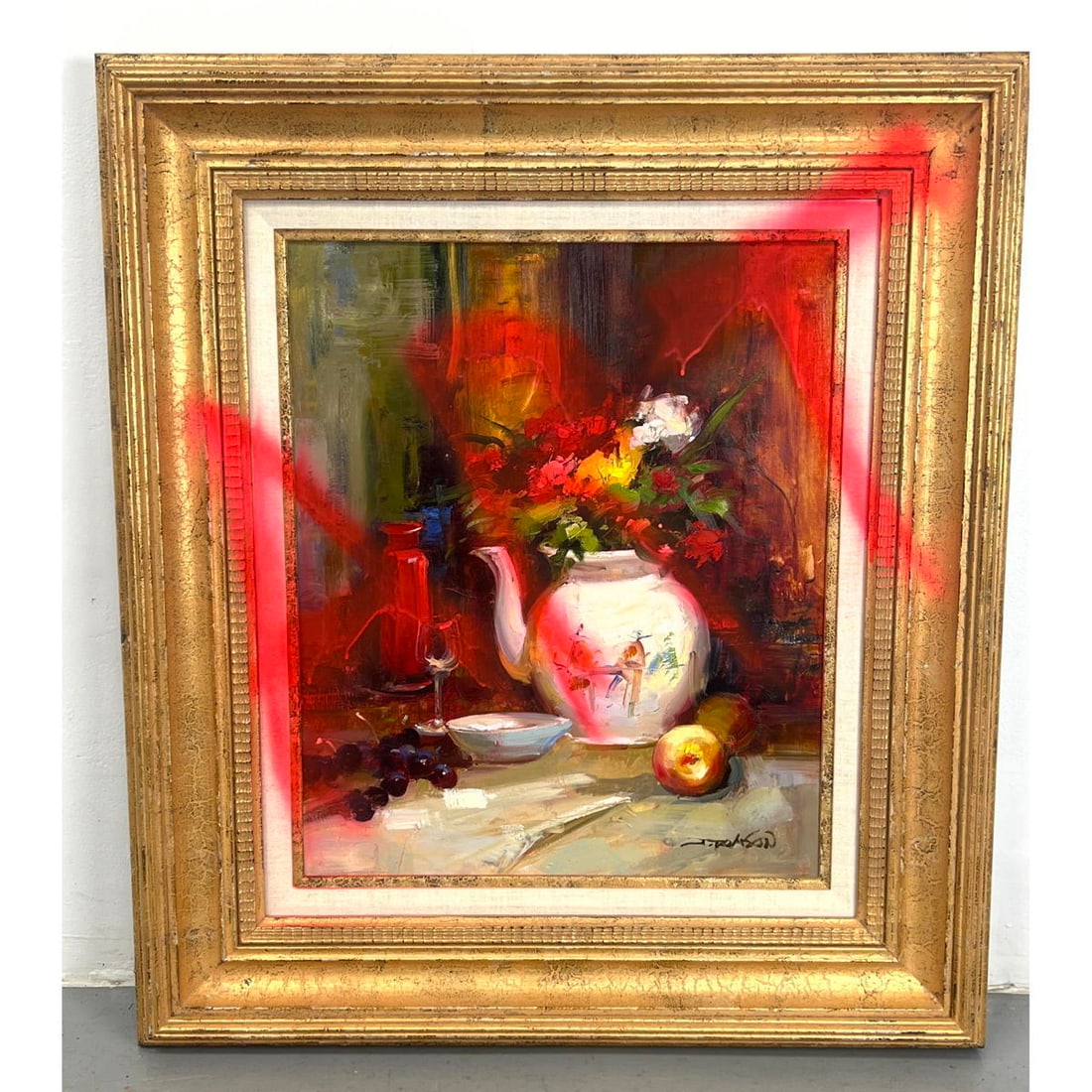 Painted still life painting with graffiti. Framed.: Painted still life painting with graffiti. Framed. Dimensions: Frame Height: 23.5 inches, Frame Width: 19.5 inches. - Image Size: Image Height: 36.5 inches, Image Width: 32.5 inches. --- US Packing an
