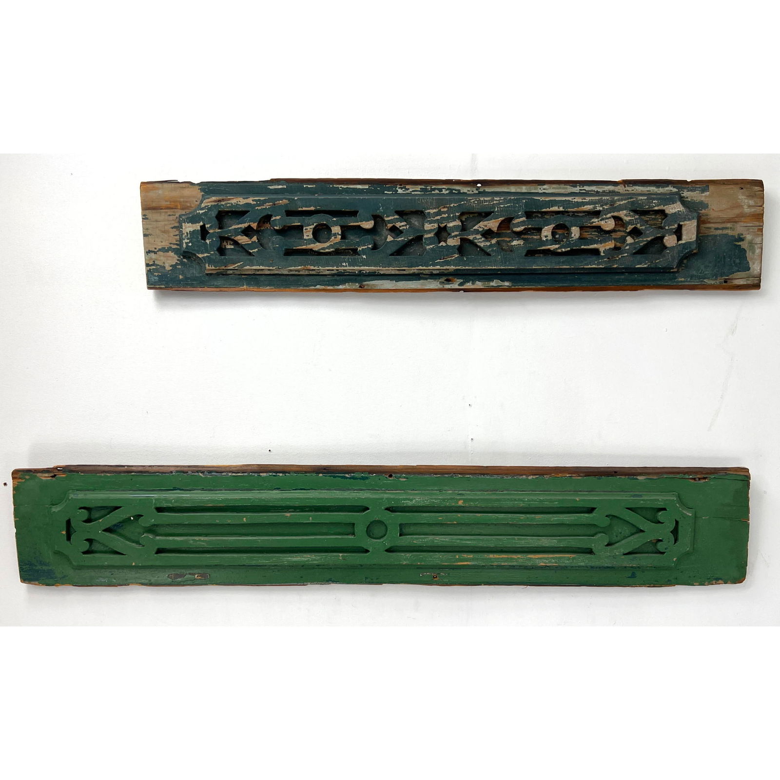 2 wooden Architectural Elements. Painted. 55" x9" x 1", 48" x 8" x 1" Attached hardware to be hung h (1 of 9)