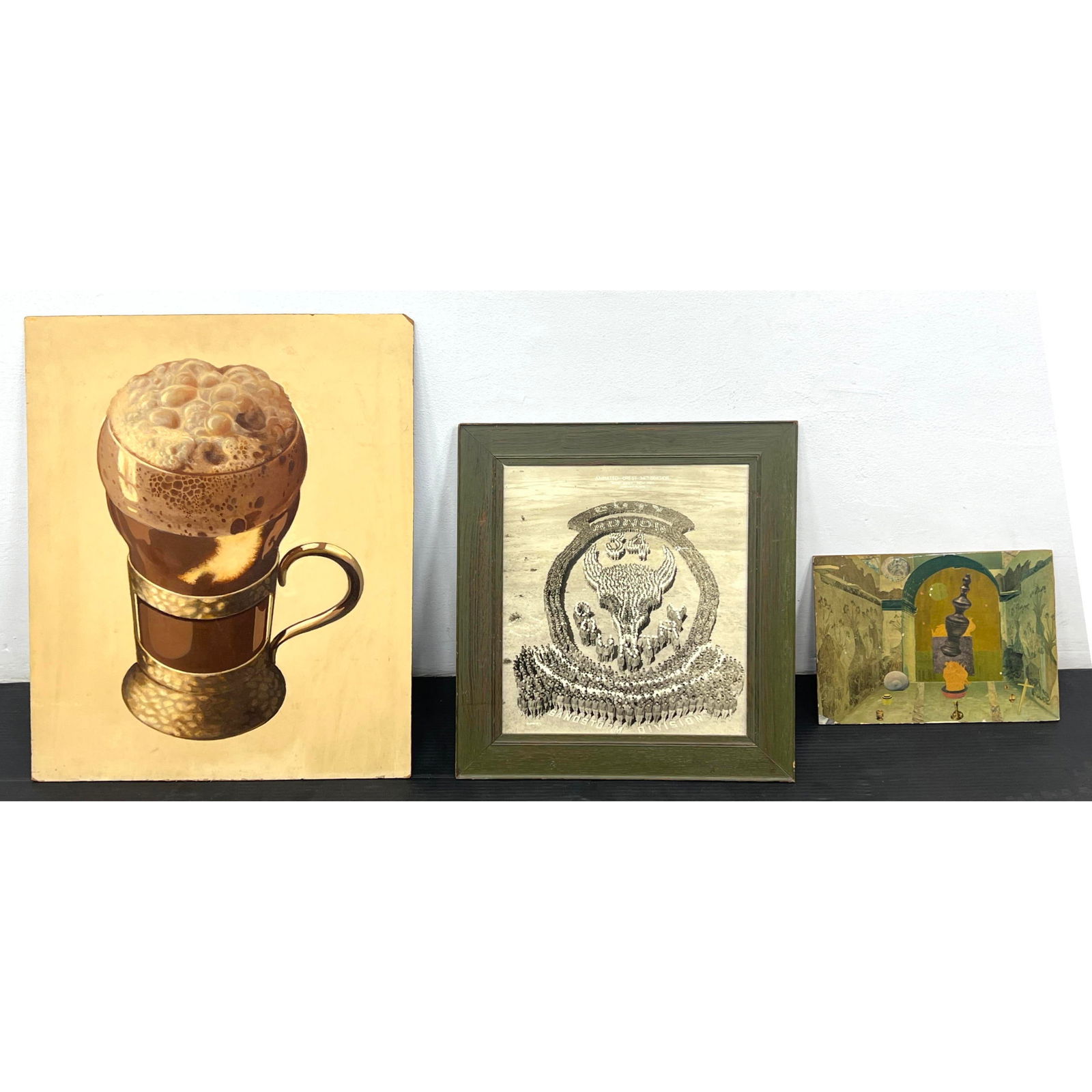 3pc Art. 1). John Allison Ice cream soda painted illustration on board; mid century. 2) Surrealist I (1 of 14)