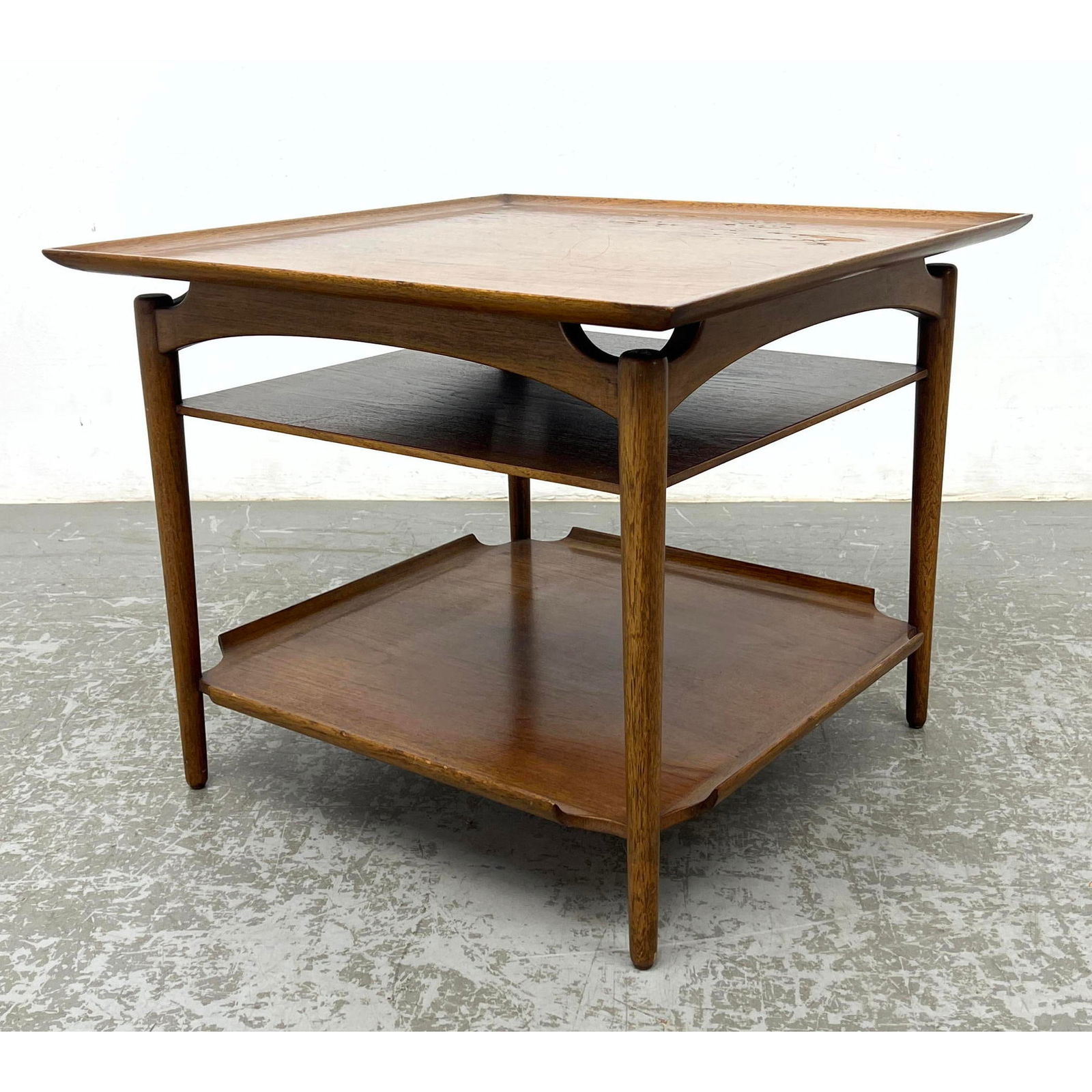 American Modern Walnut Square Side Table. Three Tiers. Stylish skirt with cut-out. (1 of 9)