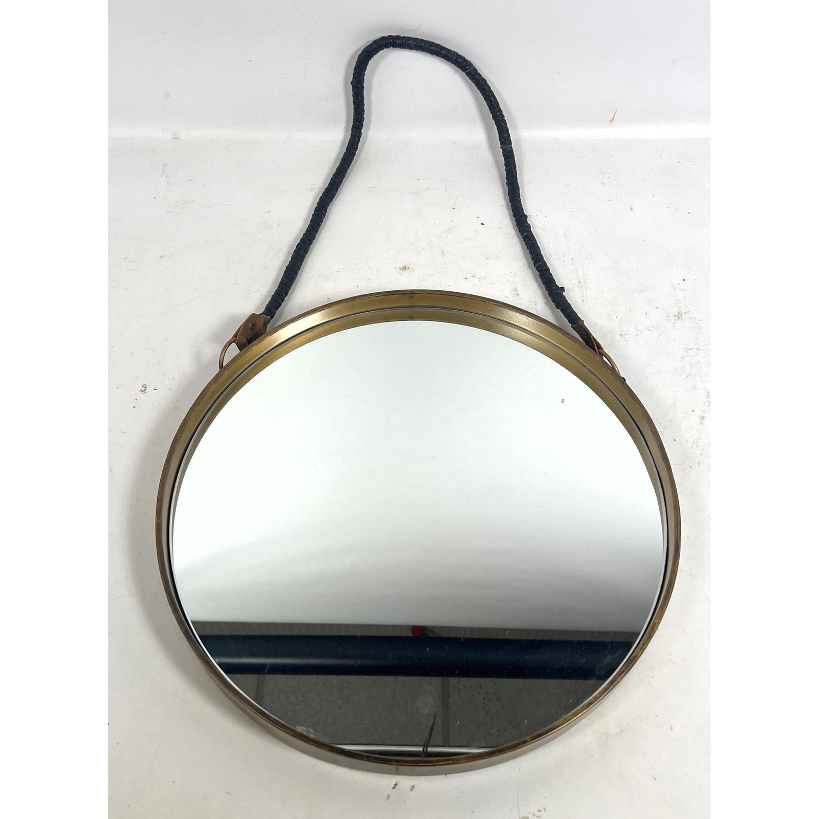 Round Braided Leather strap mirror with brass tone frame. (1 of 9)