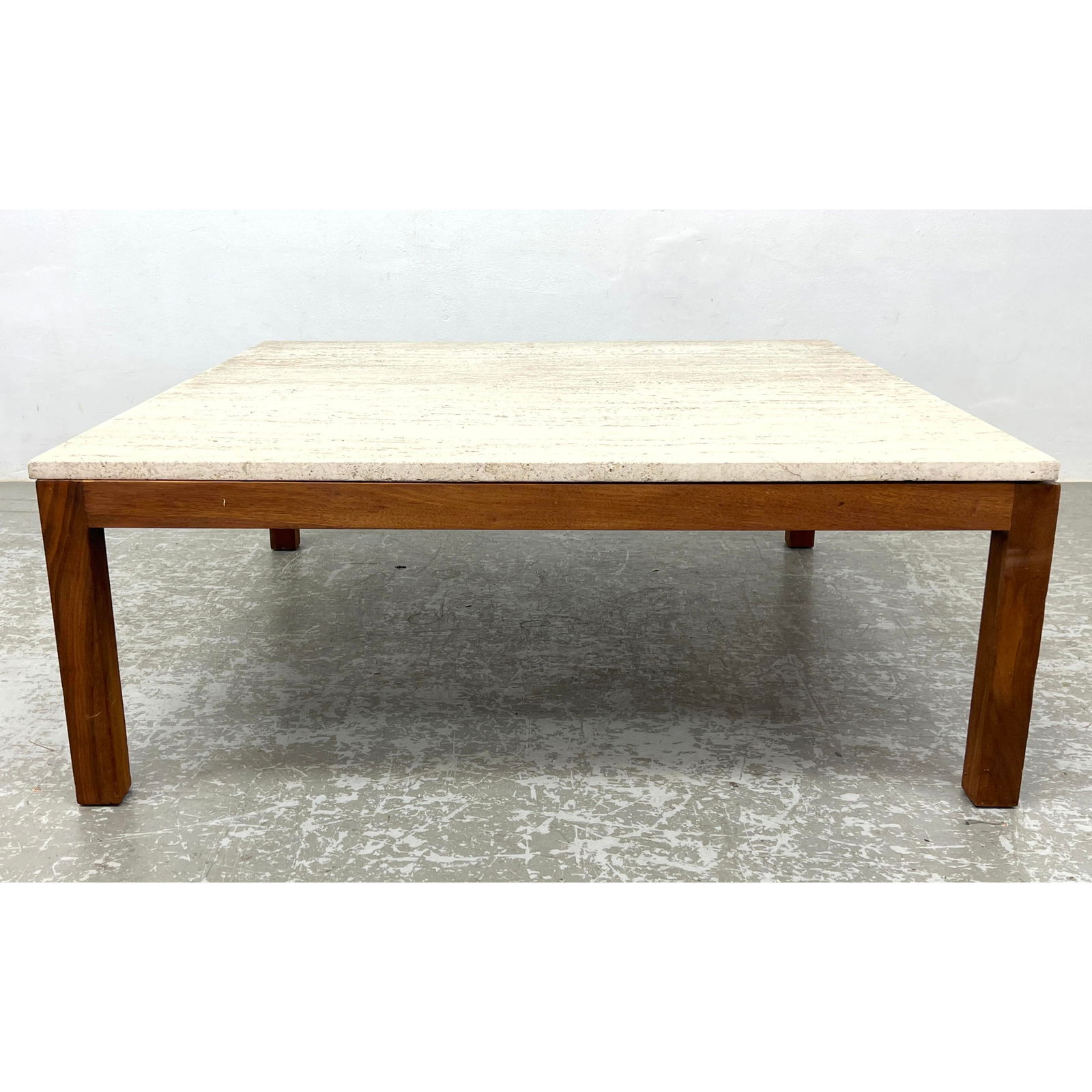 Travertine Top Square Cocktail Table. Modernist Walnut frame and legs. (1 of 8)