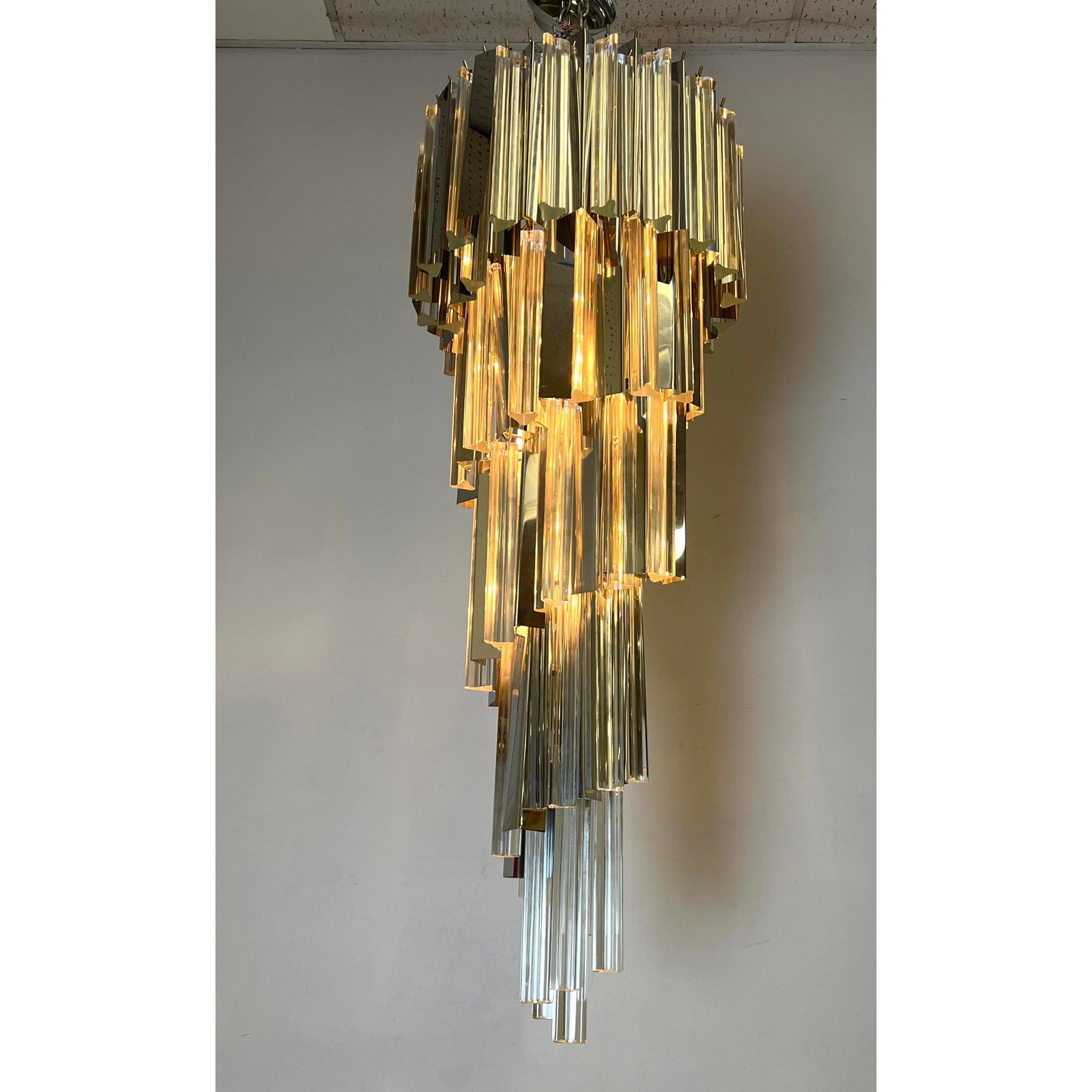 1970s Venini Style Italian Vintage Mid-Century Modern 5 tier Crystal and Metal Prism Chandelier: 1970s Venini Style Italian Vintage Mid-Century Modern 5 tier Crystal and Metal Prism Chandelier Dimensions: Height: 45 inches, Width: 16 inches, Depth: 16 inches. ---