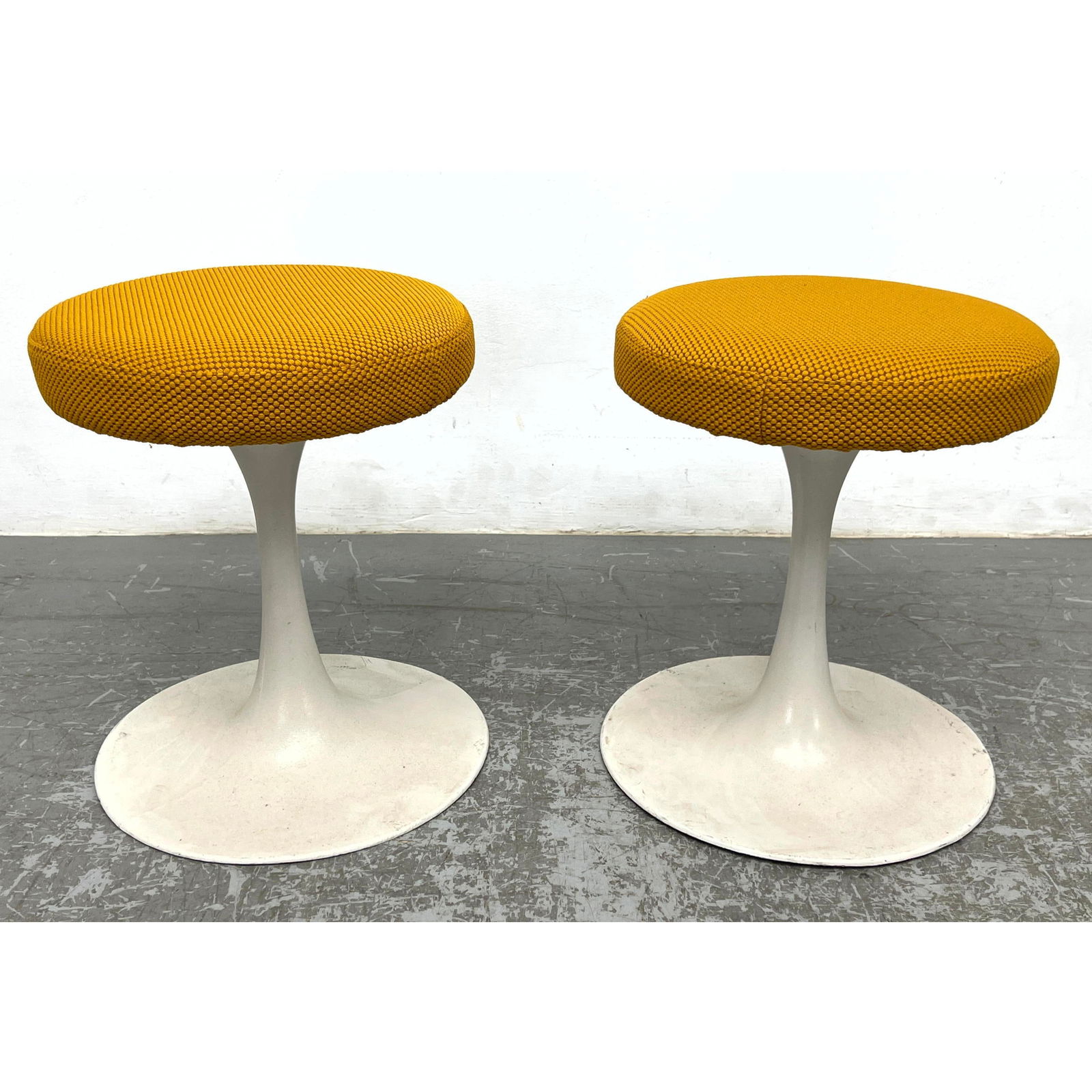 Pr CRE ROSSI Tulip style Stools #1. White body with Mustard Yellow Cushion top. Marked. New Girard U (1 of 16)