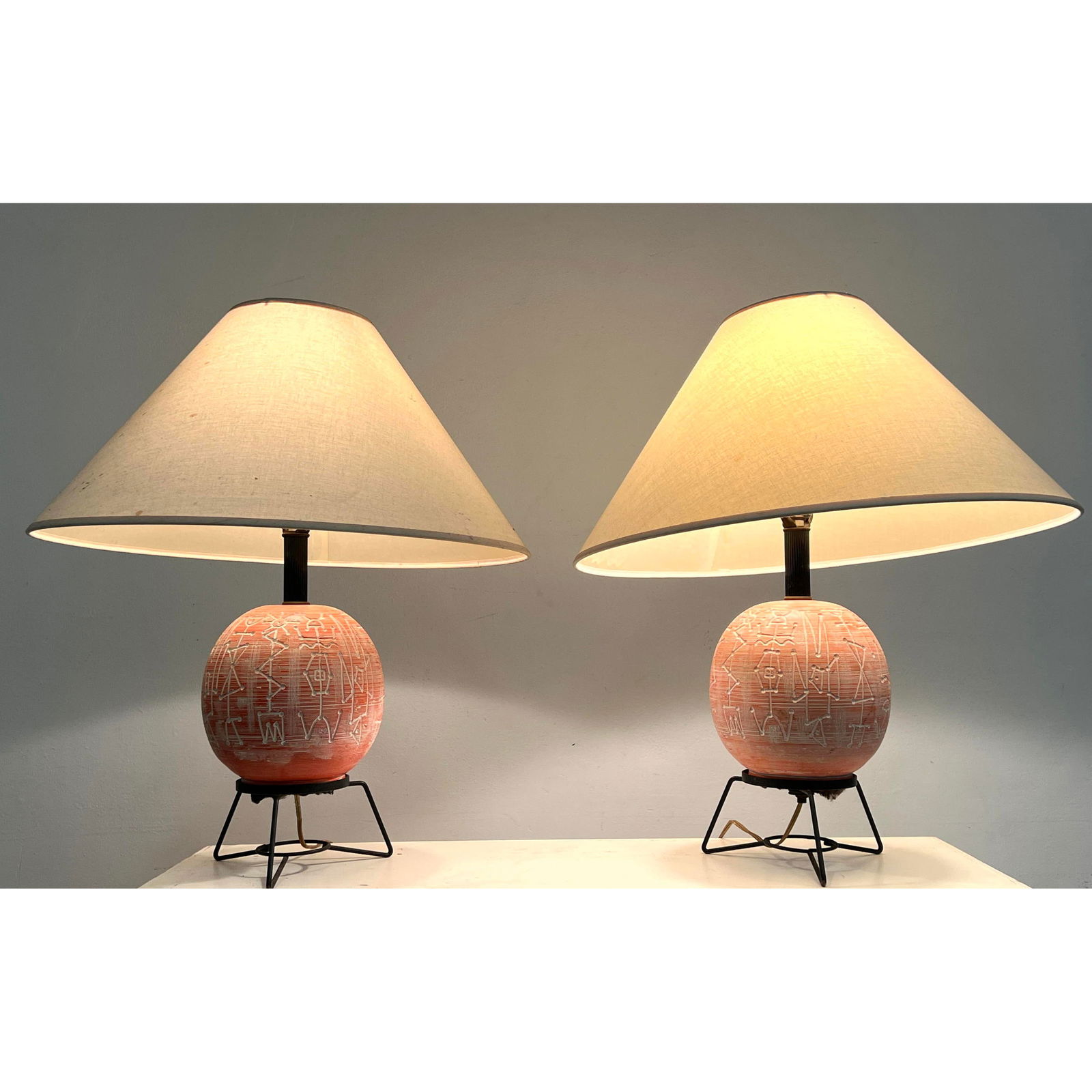 Pr Fredrick Weinberg style Pottery Modernist Lamps. Black Metal Hairpin Bases support spherical cera (1 of 17)