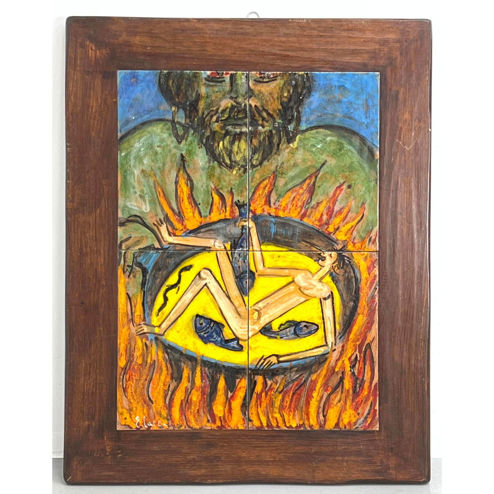 Framed Glazed Ceramic Tile Plaque. Signed Lower Left.  Modernist painted design. (1 of 10)