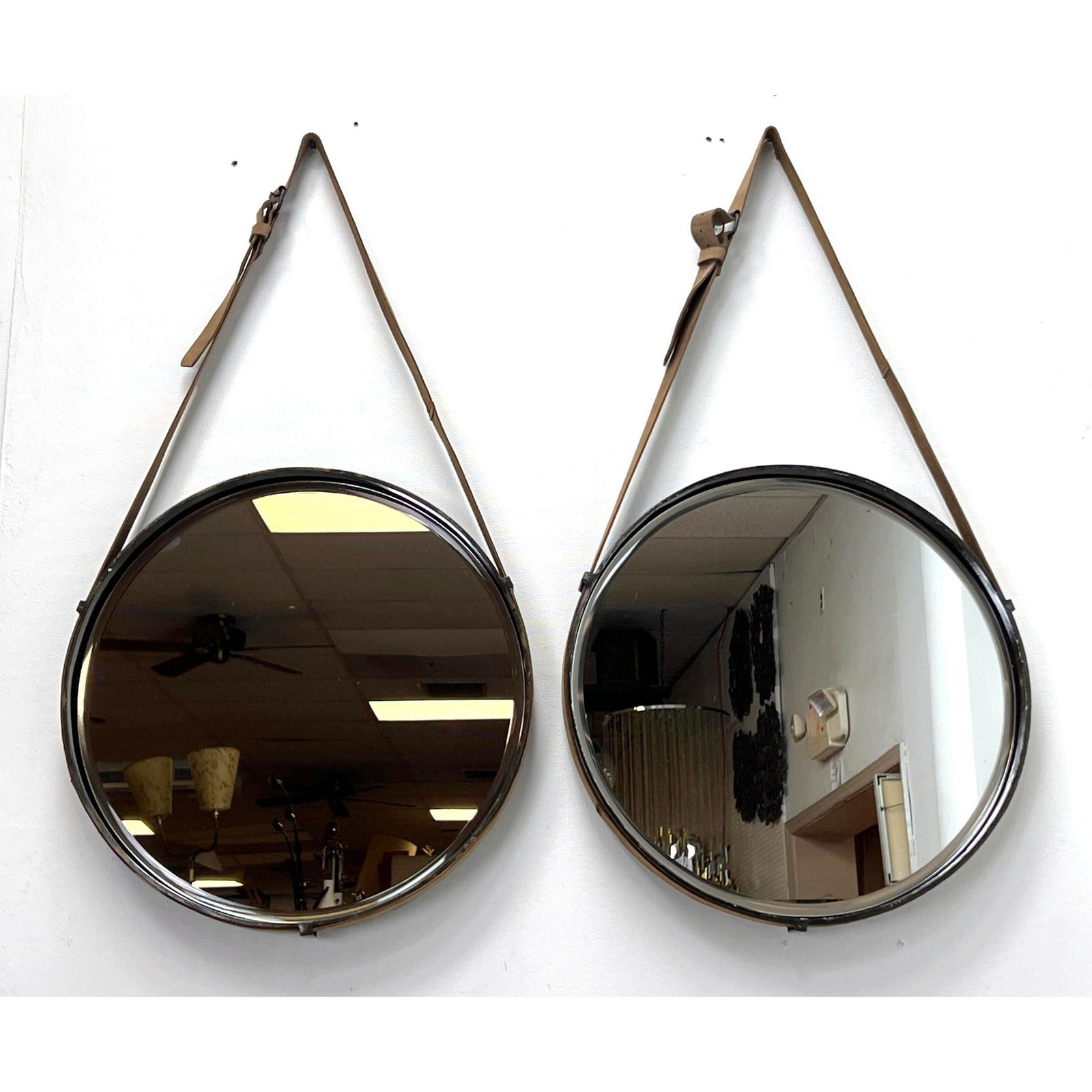 Pair Iron Frame, Leather Strap Round Mirrors, Adnet Style. heavy leather strapped wall hanging mirro (1 of 13)