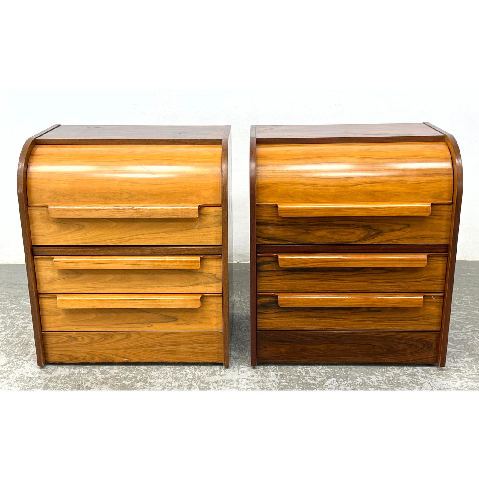 Pr MAURICE VILLENCY Rosewood Roll Top Night Stands. Mid Century. Rolltop compartment above 2 drawers (1 of 11)