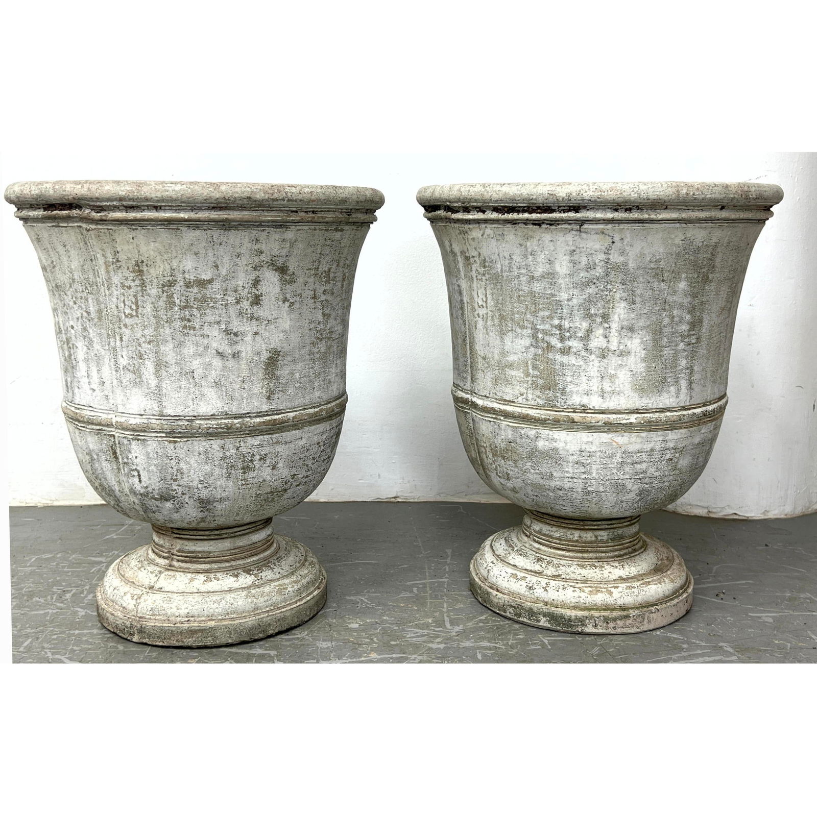 Pr CAMPANIA INTL Concrete Cement Urn Planters. Footed Tapered Forms. Marked. Dated 2007. Outdoor. Ga (1 of 9)