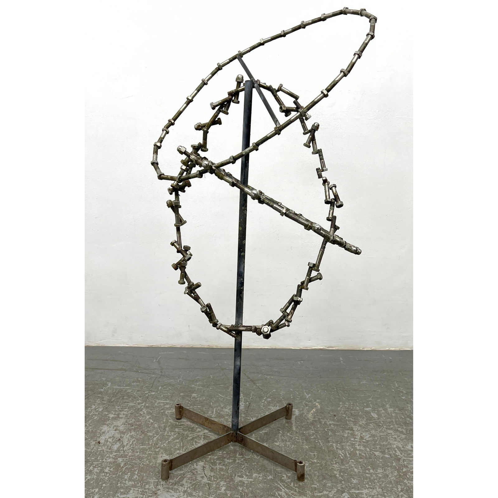 Welded Screws Brutalist Sculpture. Two Rings Composed of Screws. Sculpture on Stand. (1 of 7)