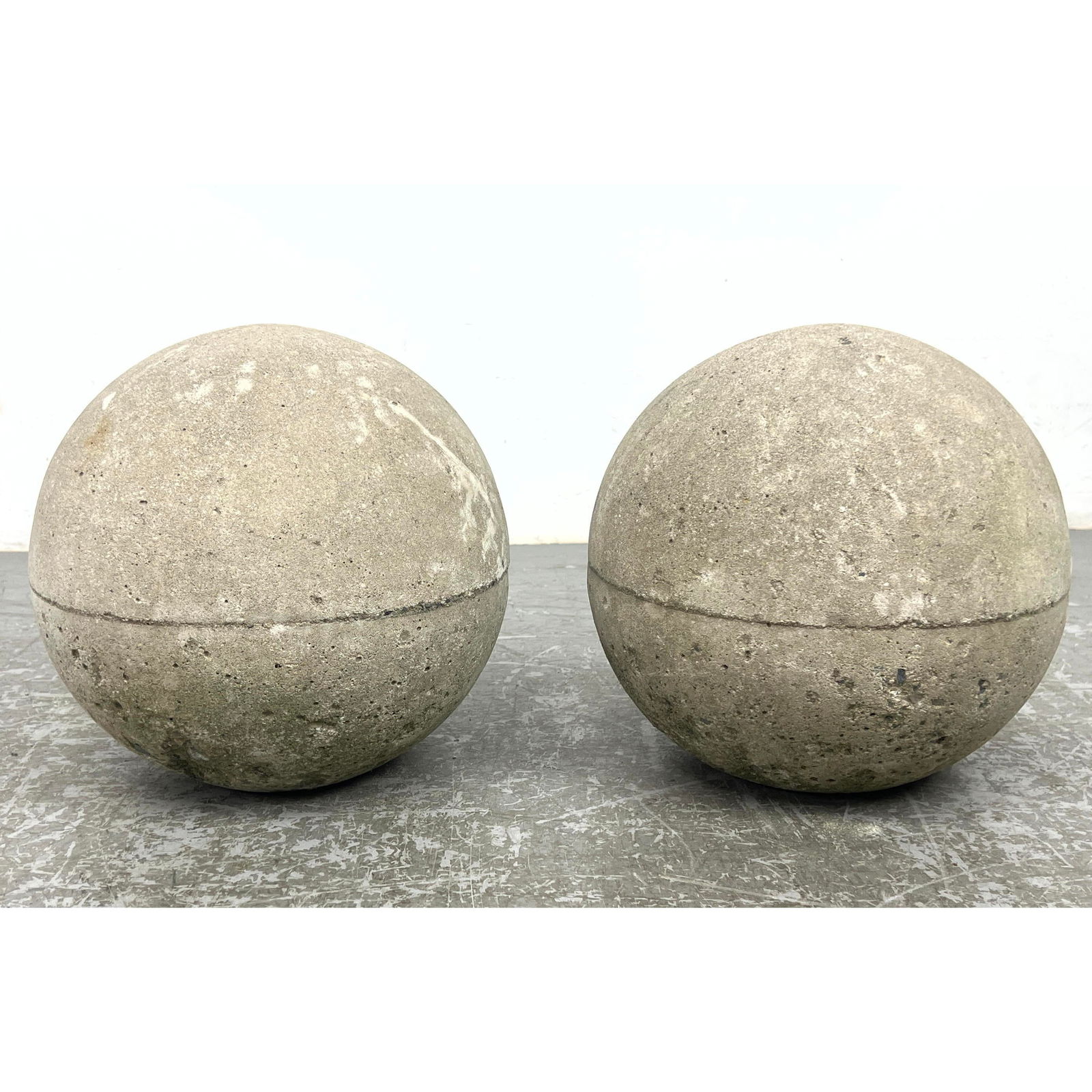 Pair 12 inch Concrete Garden Ball Sculptures. Each has small flat spot on bottom. (All balls in this (1 of 9)