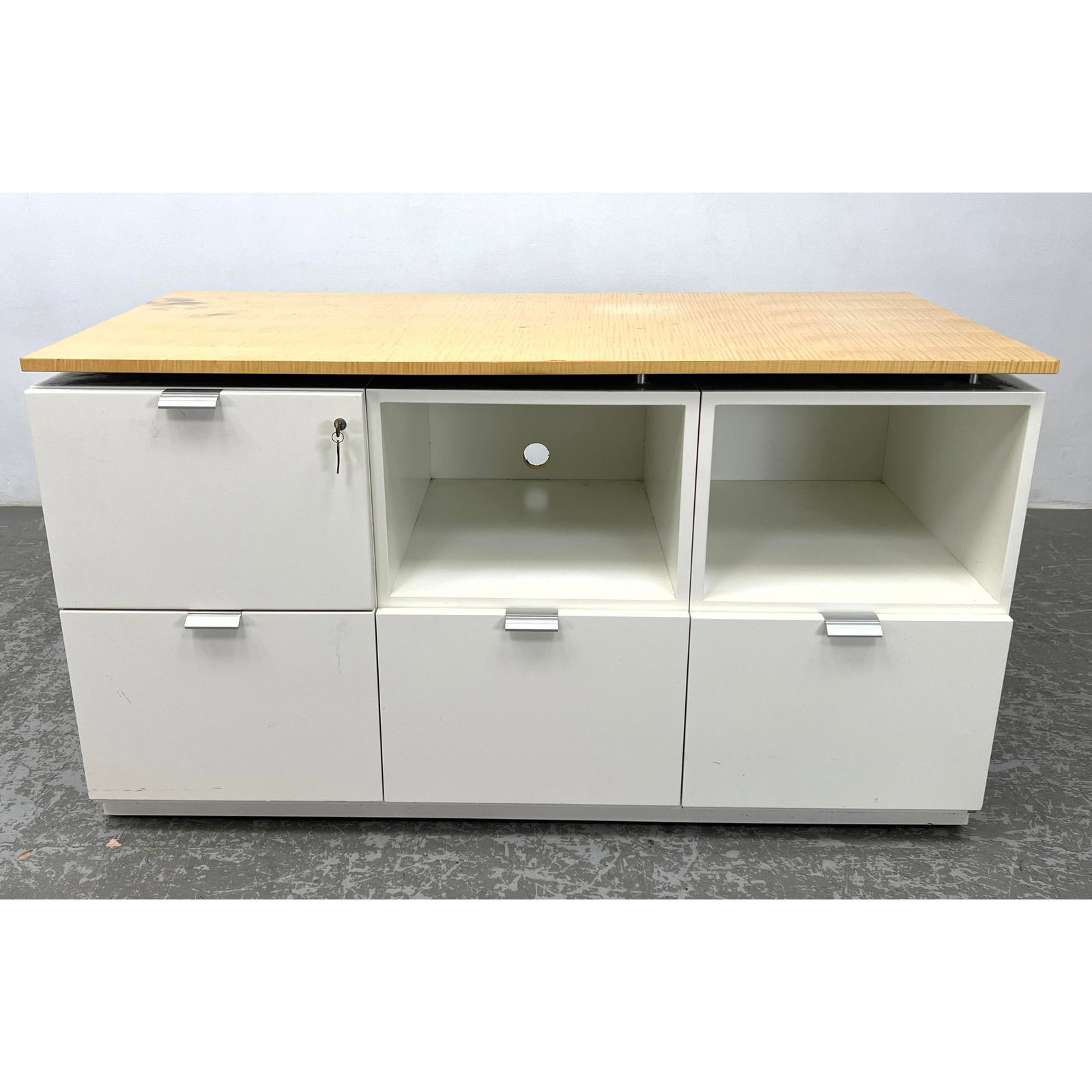 Office Cabinet Credenza. White file drawers can be used for storage. Floating Wood Top. (1 of 10)