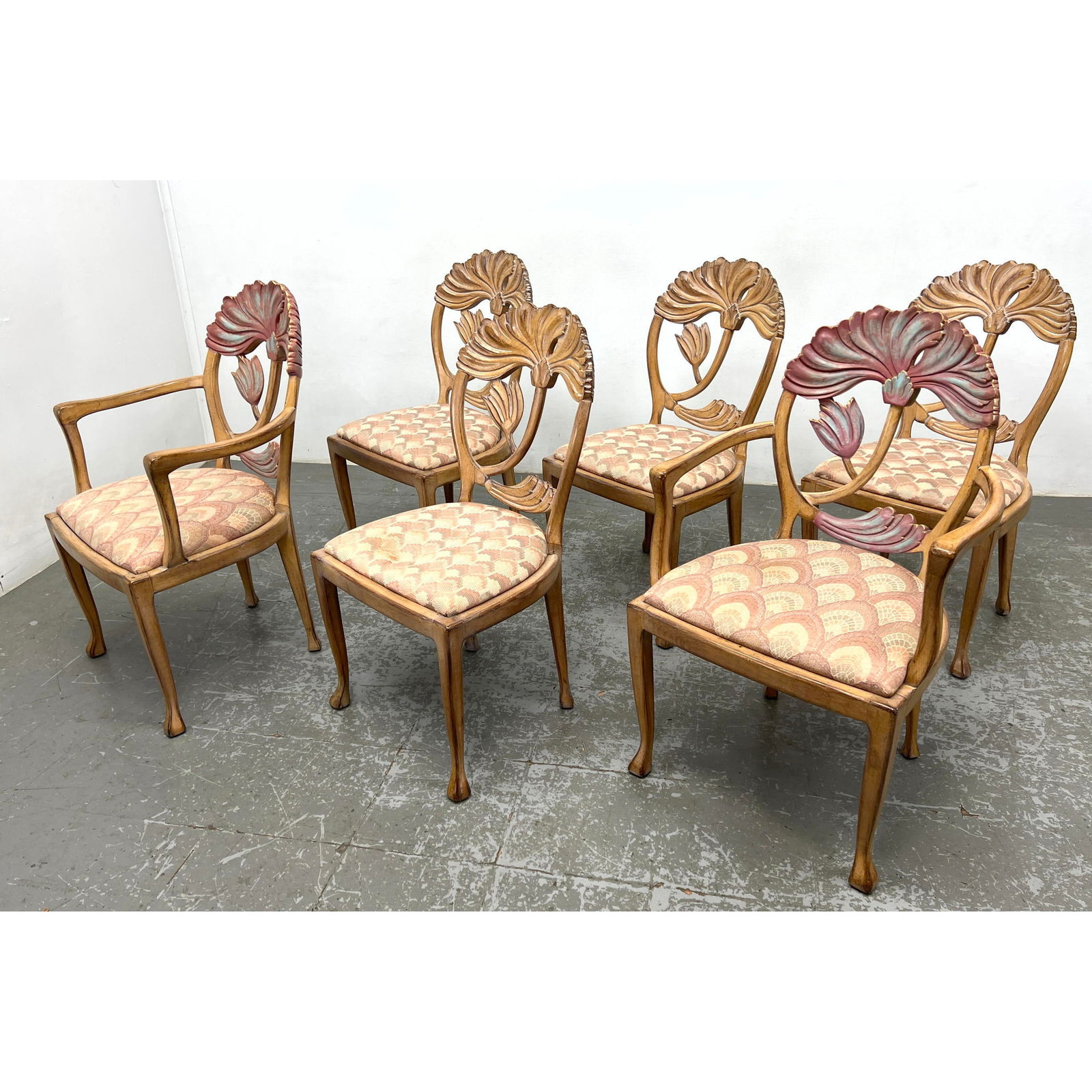 Set 6 Carved Flower Back Decorator Dining Chairs. Two Arm Chairs have colored painted floral details (1 of 14)
