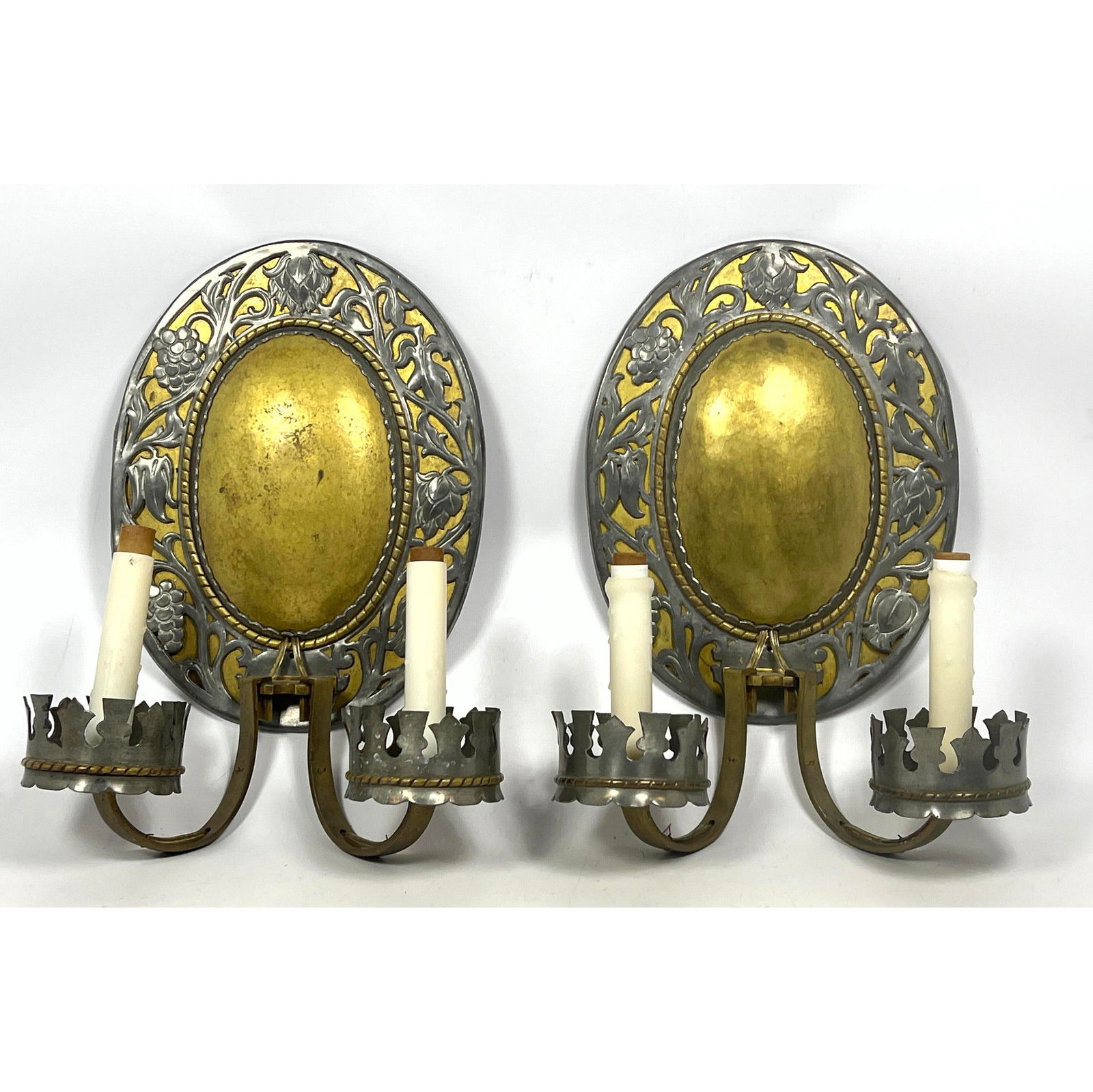 Pair Gothic Style Brass and Pewter Wall Sconces. (1 of 10)