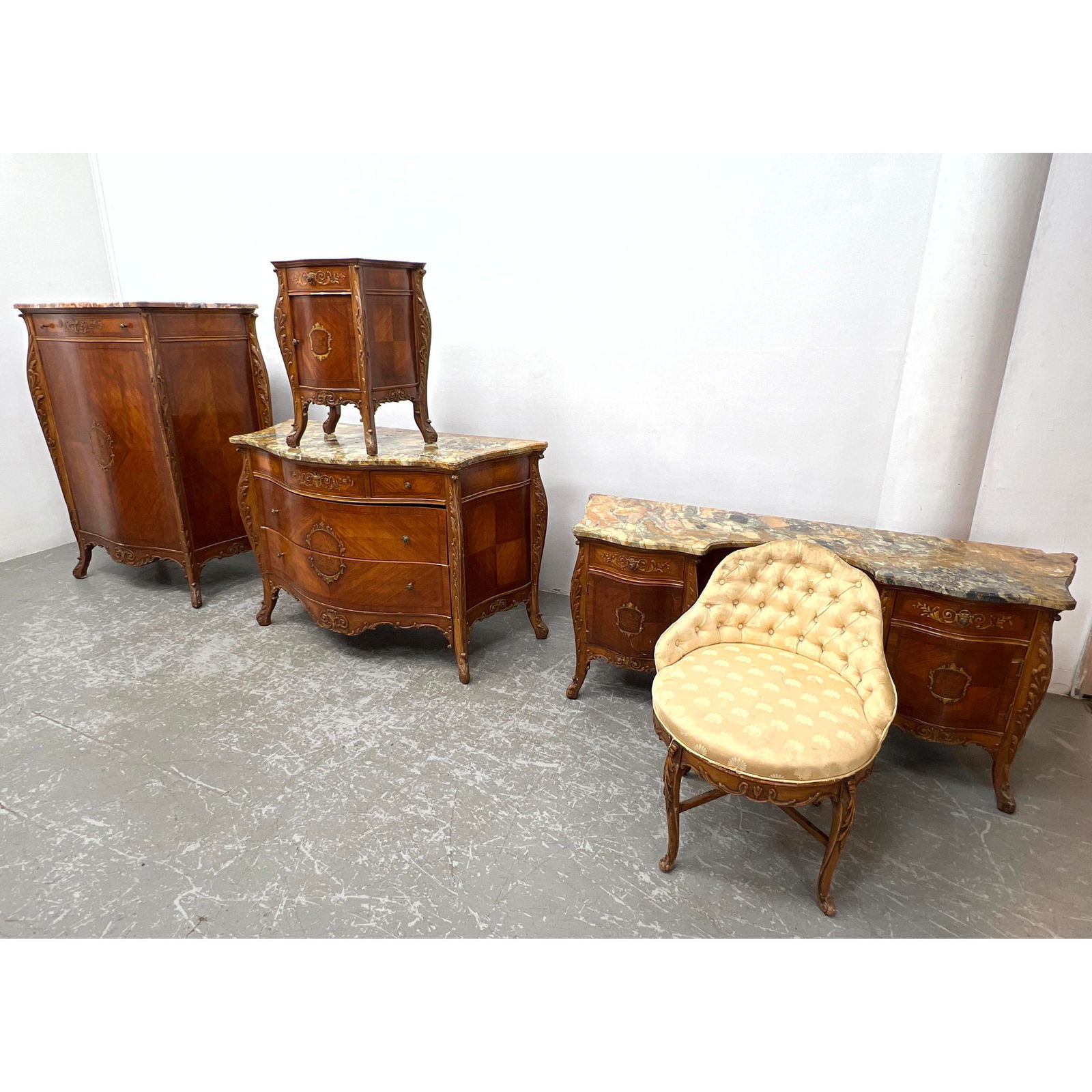 5pcs French Style Bedroom Set with Marble Tops. High Chest Low Dresser, Vanity, Stool, Night stand. (1 of 20)