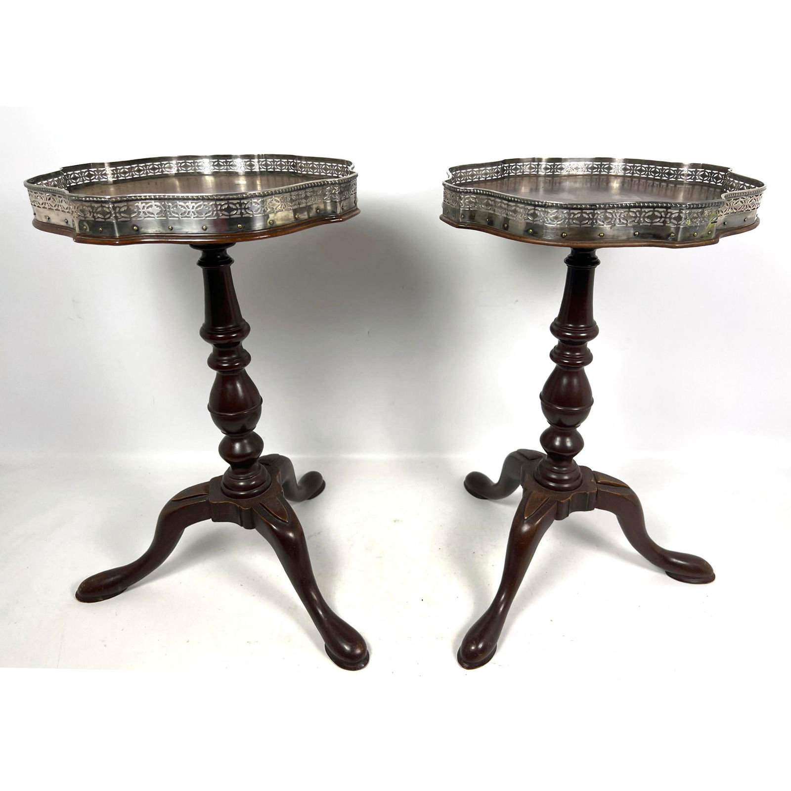 Pair Vintage Mahogany Tripod Side Table Stands with Silver Plate Band. Pierced metalwork. Queen Anne (1 of 9)