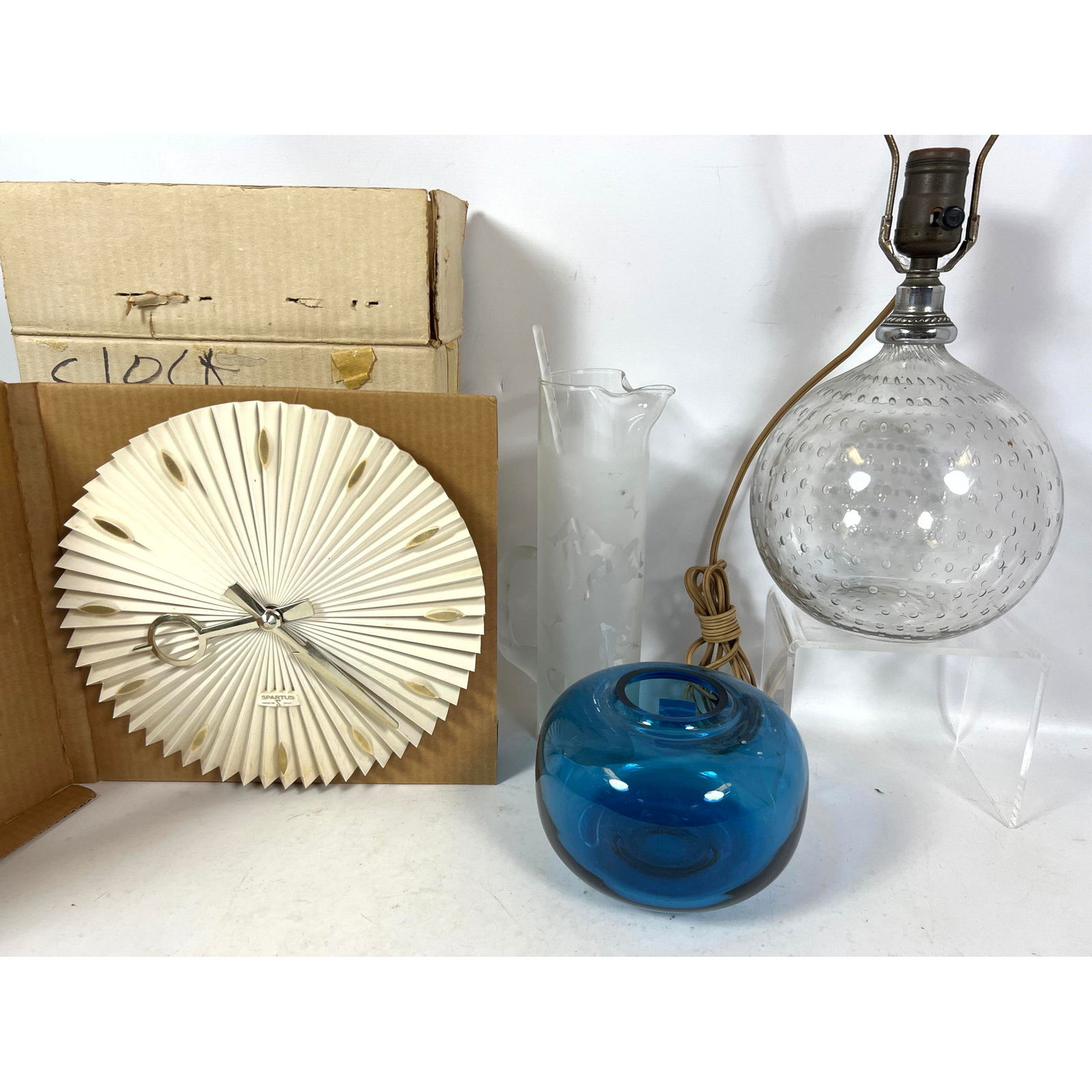 Mid Century Modern Lot. Session wall clock in box, Blown glass table lamp, etc. (1 of 12)