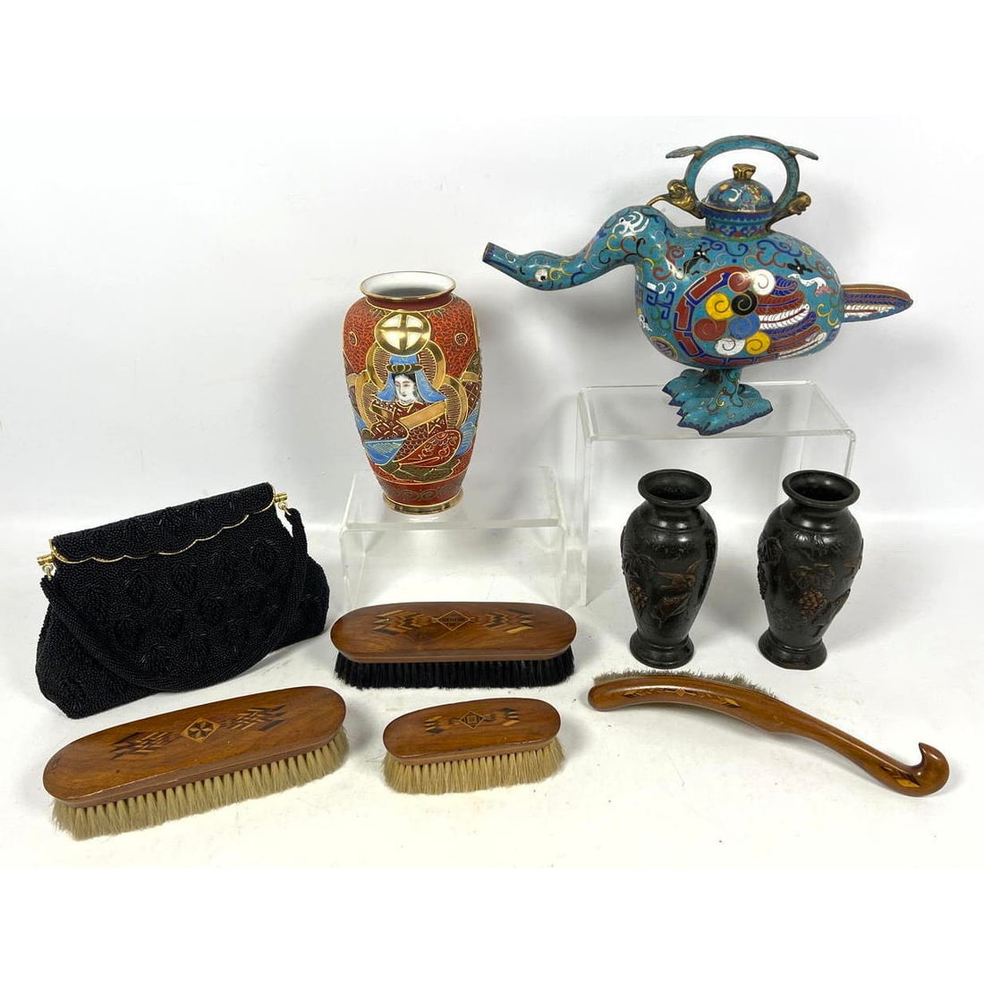 Vintage Lot. Japanese metal vases, Cloisonne duck teapot, Inlaid wood brushes, Beaded purse. (1 of 20)