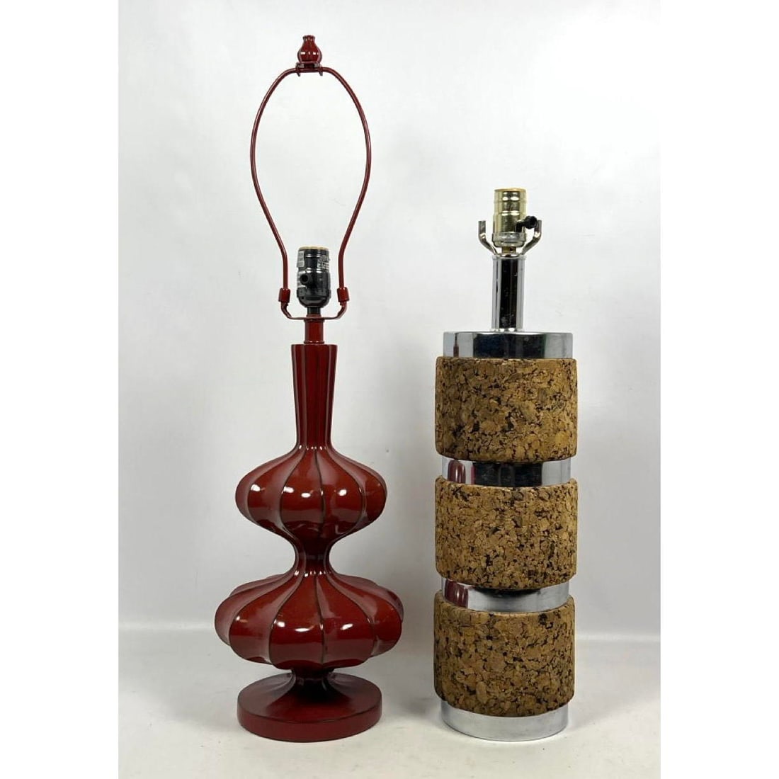 2pc lamps. Vintage Cork and chrome and bulbous red resin. lamps (1 of 14)