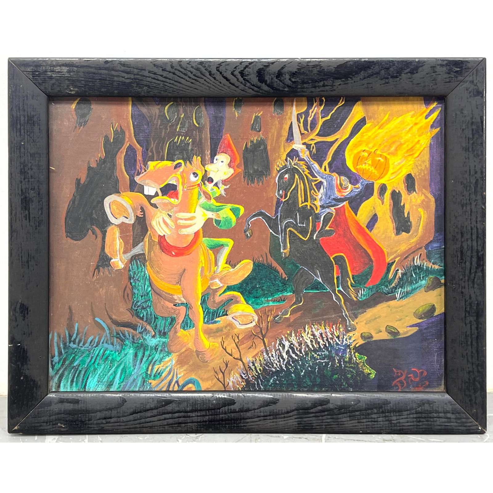 Sleepy Hollow Colorful Halloween Painting on Masonite. Don Bluth Animation style. Unsigned.: Sleepy Hollow Colorful Halloween Painting on Masonite. Don Bluth Animation style. Unsigned. Dimensions: Frame Height: 22 inches, Frame Width: 27.75 inches. - Image Size: Image Height: 17.25 inches, Im