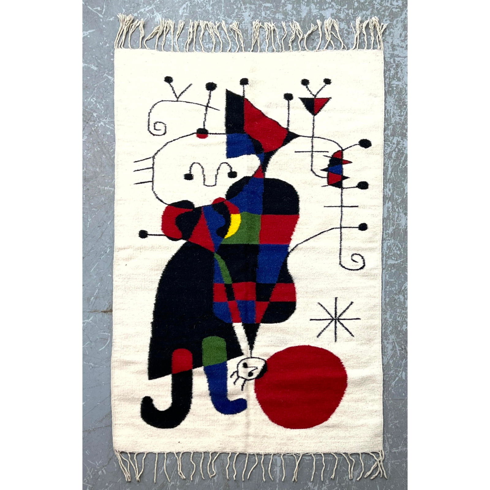 Joan Miro inspired hanging tapestry. Woven textile with fringed ends. (1 of 7)