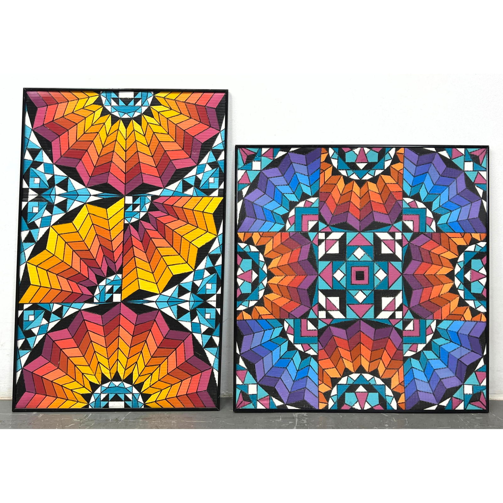 2pc J.H. HENIG Op Art Paintings. "Rose Window Variations" Colorful Kaleidoscopic Images. Quilt patte (1 of 9)