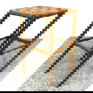 Thomas Moser Cherry woven Leather Stool 1979. Leather strap top.: Thomas Moser Cherry woven Leather Stool 1979. Leather strap top. Dimensions: Height: 24.5 inches, Width: 14 inches, Depth: 14 inches. ---