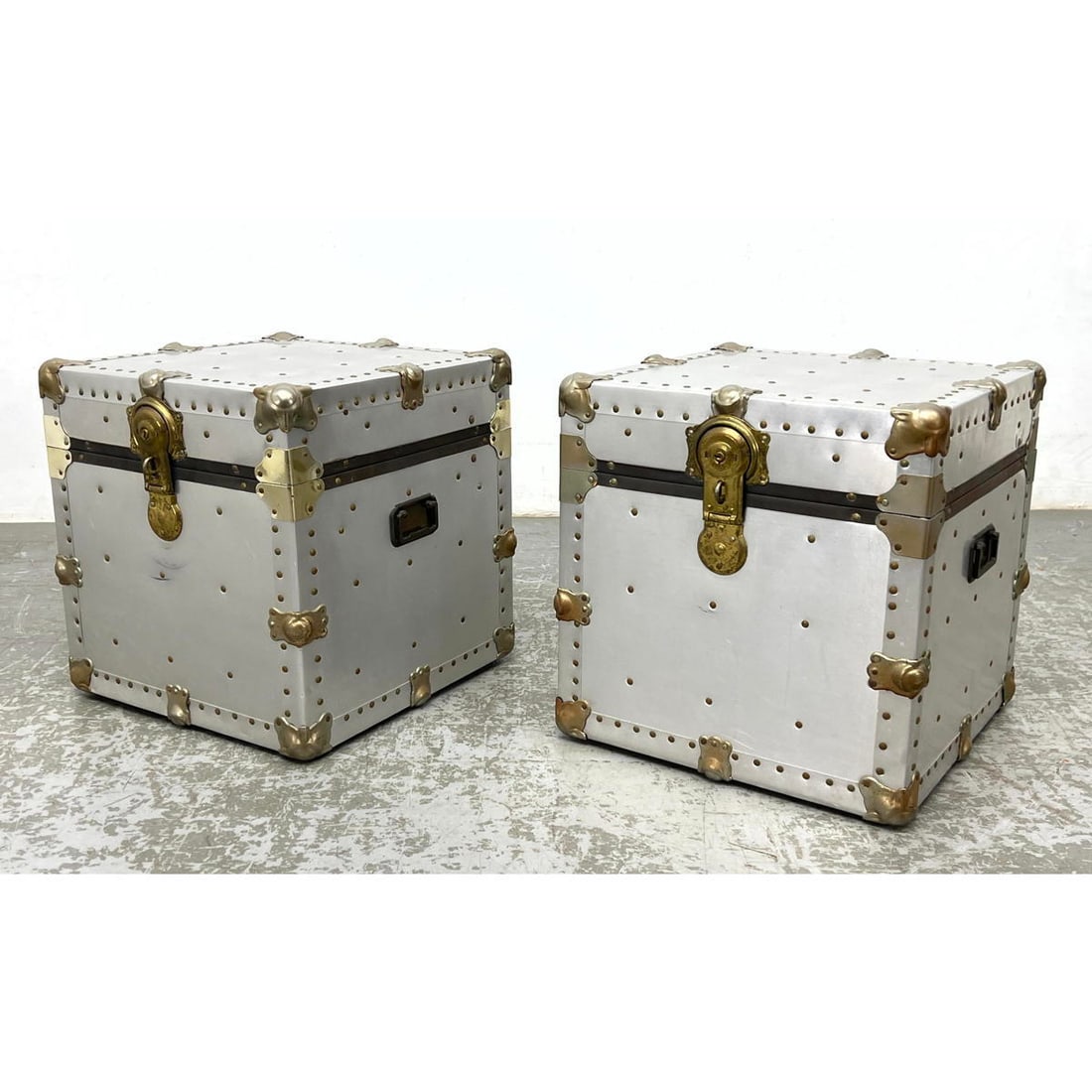 Pair decorative aluminum storage trunk boxes, end tables. (1 of 11)