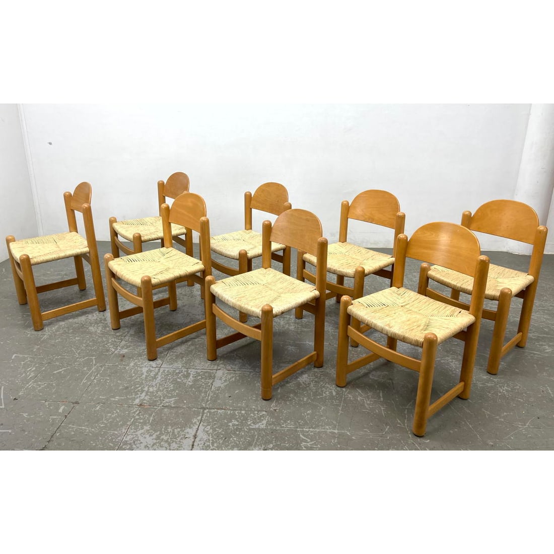 Set 8 Hank Loewenstein Wood Frame Modernist Dining Chairs. Setting Sun design Backs. Woven Rush Seat (1 of 13)