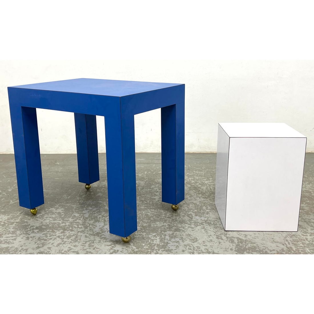 2pcs. Mid Century Parsons Style Blue Laminate Side Lamp Table on Wheels and White Laminate Pedestal (1 of 15)
