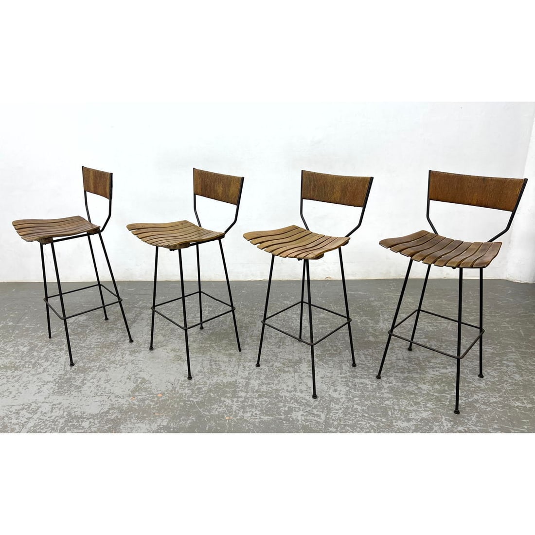 Set 4 Arthur Umanoff Bar Stools. Iron and slat design. Cord wrapped back rests. (1 of 10)