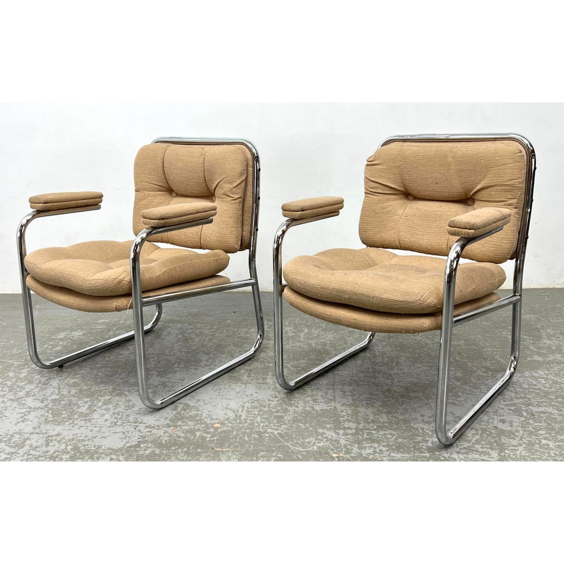 Pair Modernist Chrome Tube Frame Floating Arm Chairs. (1 of 10)