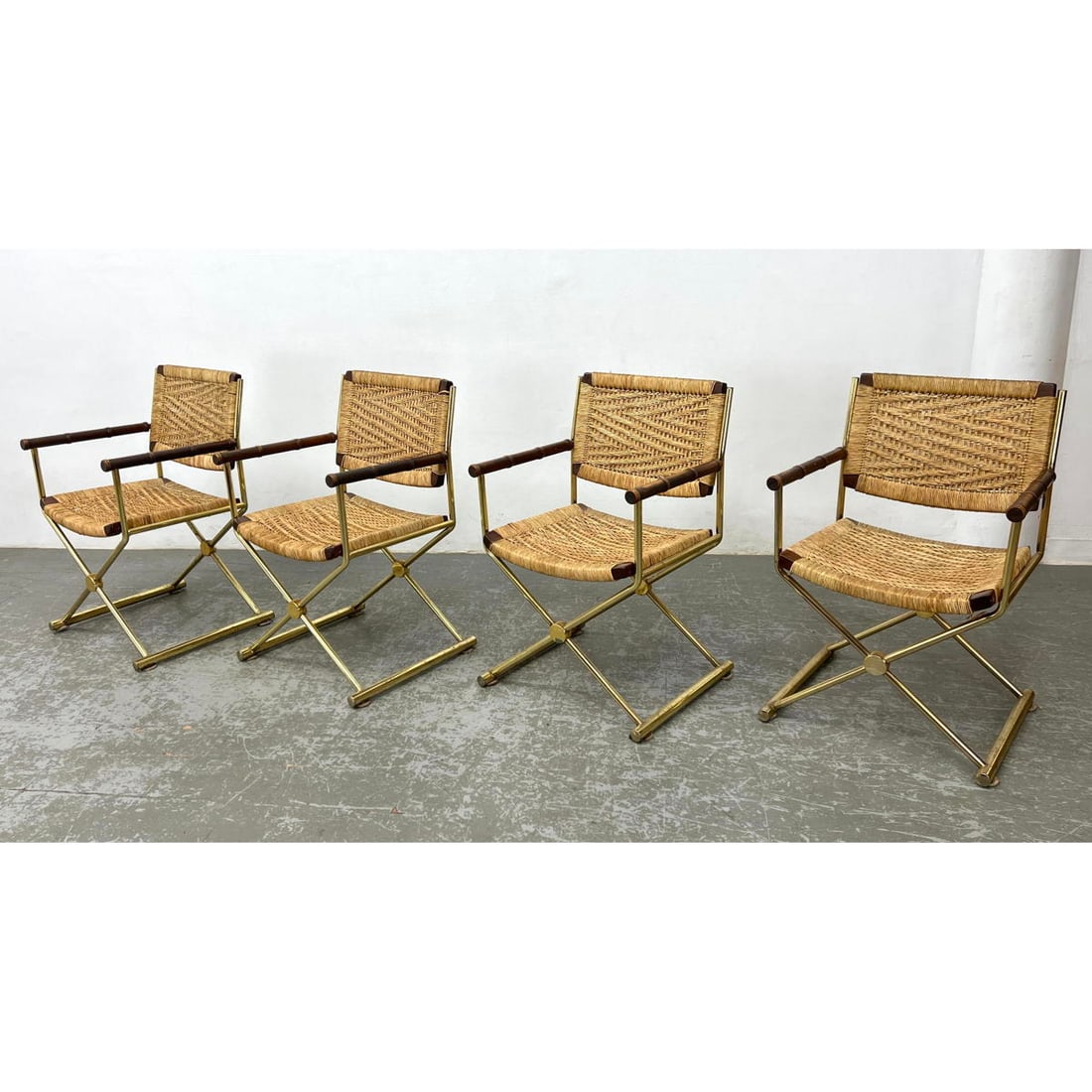 Set 4 Decorator Director Chairs. Wood and Brass Frames. Woven rattan seat and back. (1 of 12)