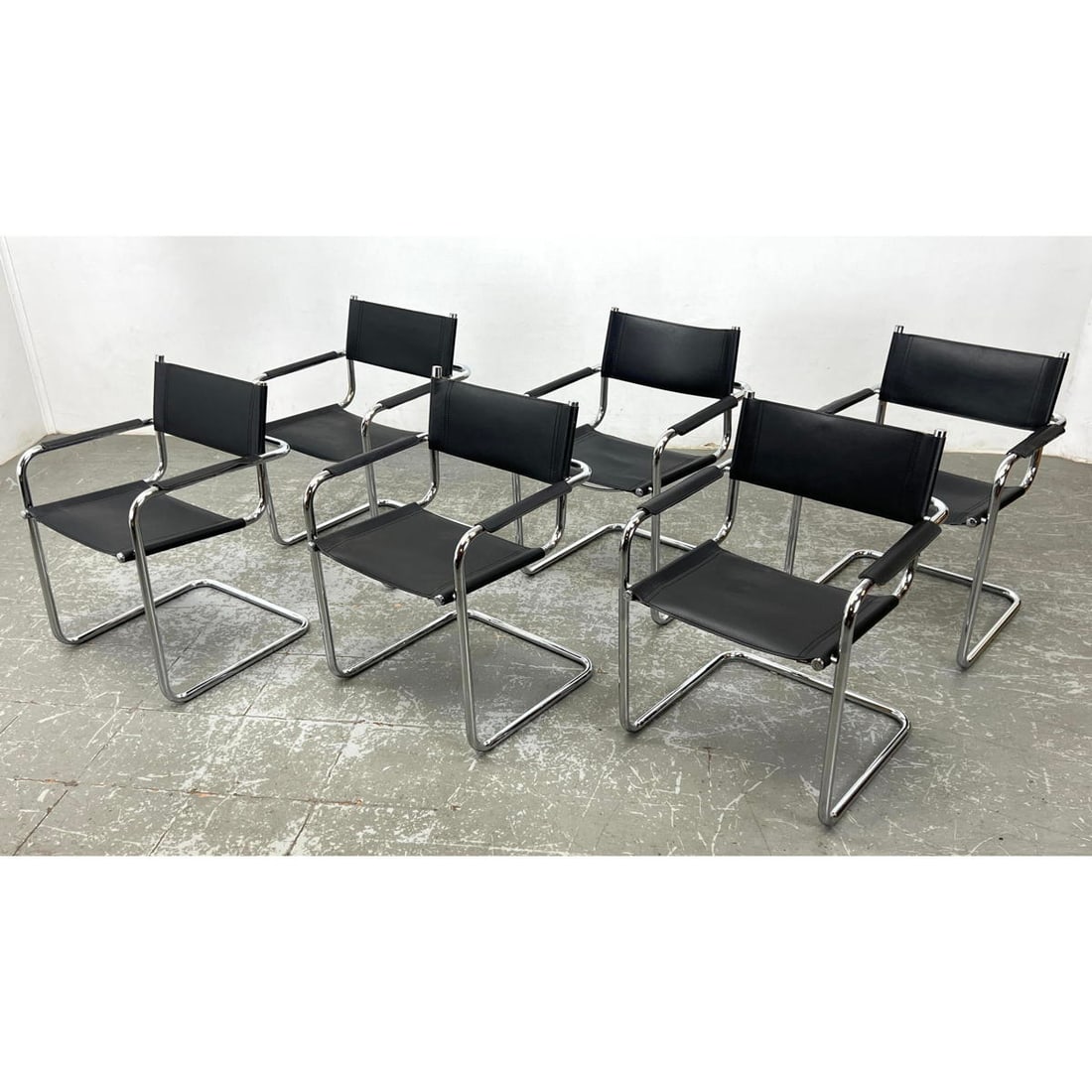 Set 6 Italian Marcel Breuer Style Chairs-Leather and Chrome. Marked Made in Italy.: Set 6 Italian Marcel Breuer Style Chairs-Leather and Chrome. Marked Made in Italy. Dimensions: Height: 32 inches, Width: 19 inches, Depth: 15 inches. - Seat Height: 19 inches ---