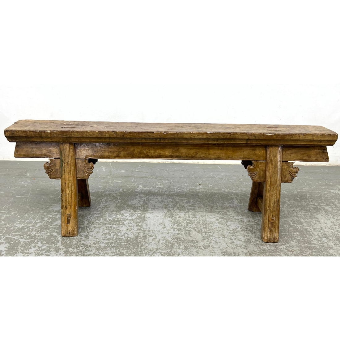 Rustic Primitive Wood Bench. Thick wood slab top. Carved elements. (1 of 9)