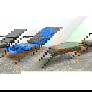 3pcs Pair Ole Wanscher lounge chairs with ottoman in teak.: 3pcs Pair Ole Wanscher lounge chairs with ottoman in teak. Dimensions: Height: 32 inches, Width: 24.5 inches, Depth: 26 inches. - Seat Height: 16 inches - Additional Dimensions: Ottoman H: 14 inches,