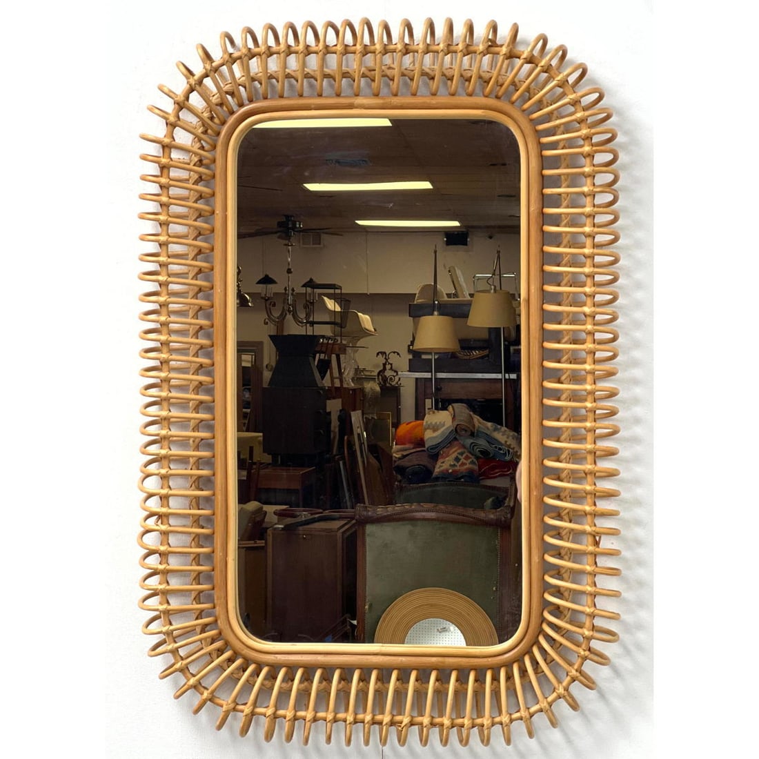 Large Modernist Rattan Frame Wall Mirror. Rounded open cage form rattan frame. Can be hung horizonta (1 of 11)