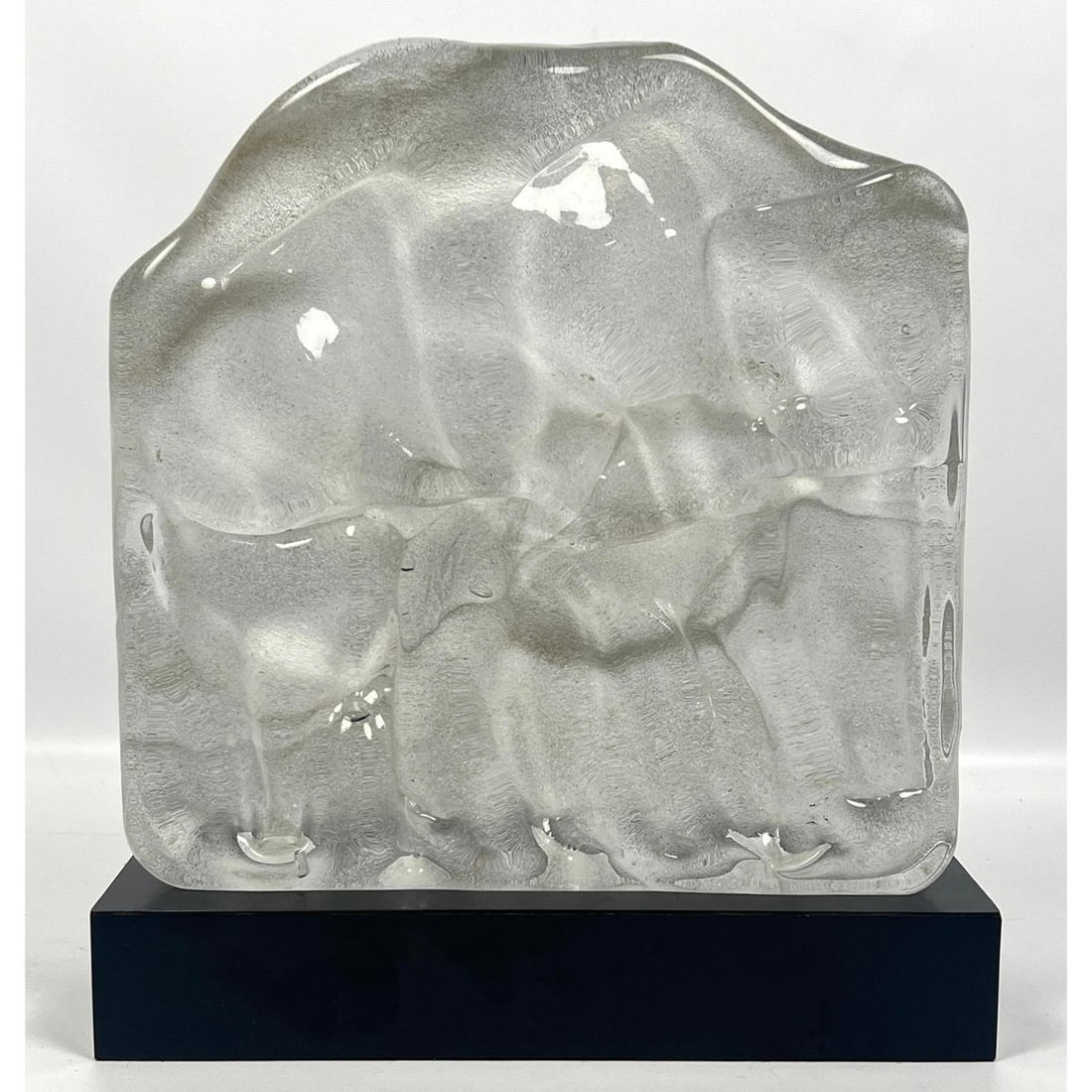 Organic Art Glass Sculpture. Undulating Art Glass Slab painted on one side. Mounted on black wood ba: Organic Art Glass Sculpture. Undulating Art Glass Slab painted on one side. Mounted on black wood base. Dimensions: Height: 14.5 inches, Width: 12 inches, Depth: 4 inches. --- - We offer curbside deli